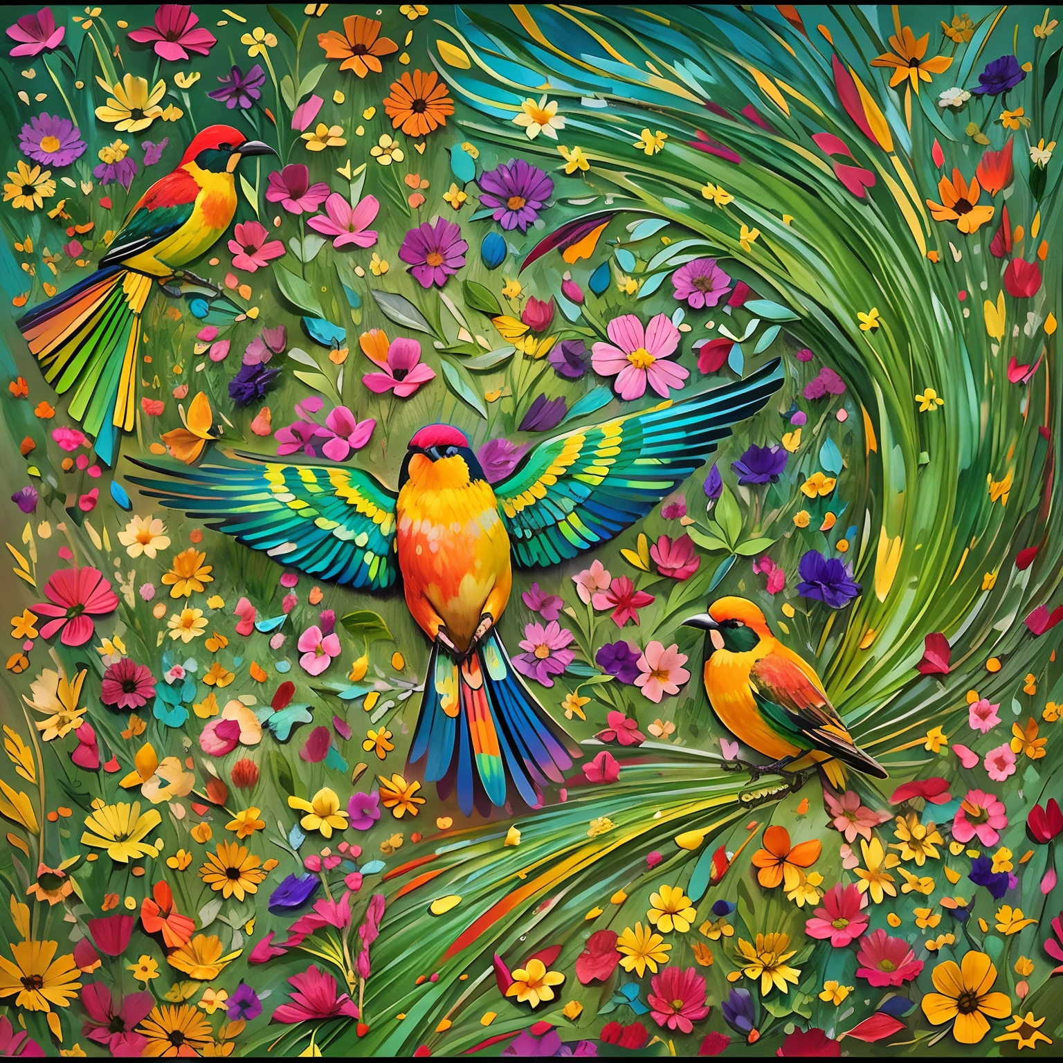 'Brightly colored birds fly over a colorful and saturated flower garden , maravillosa obra maestra vitral, hermosa paleta de colores maduros, inspirada en el estilo de Vincent van Gogh, grandes flores de la jungla ,painted with spatula and oil to highlight the relief .