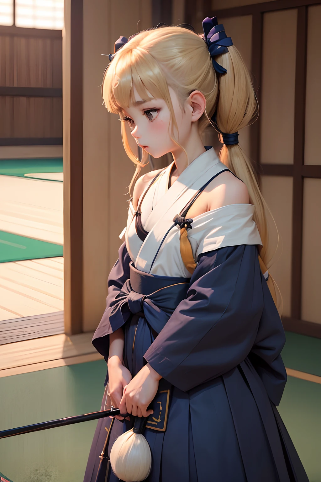 girl with, (((Petite girl with blonde twin tails))),(the Extremely Detailed CG Unity 8K Wallpapers), most beautiful artwork in the world,(((Off-the-shoulder archery suit))),((())),(()),((Kyudojo)),(((Tatami mats))),(((Kyudo))),(((practice))),((())),((())),(((Dark blue hakama))),(((,Piece of art))),((()))),((())),(((Smaller chest))),((Daytime)),((())),(((all-fours))),(((bowing))),(()),((The upper part of the body)),((Rin))