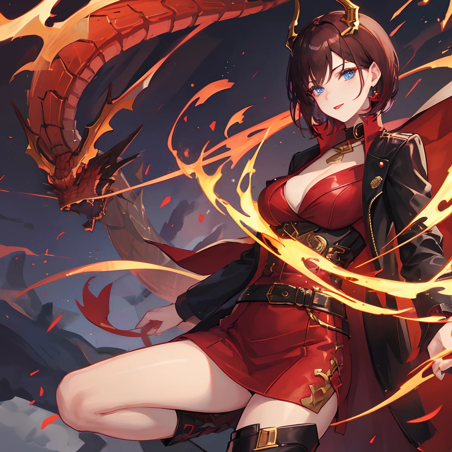 woman, brunette waivy short hair, gold-blue eyes, long boots, red and black outfit modern with oriental elements, dragon horns and dragon tail, red lipstick, in jacket with golden elements