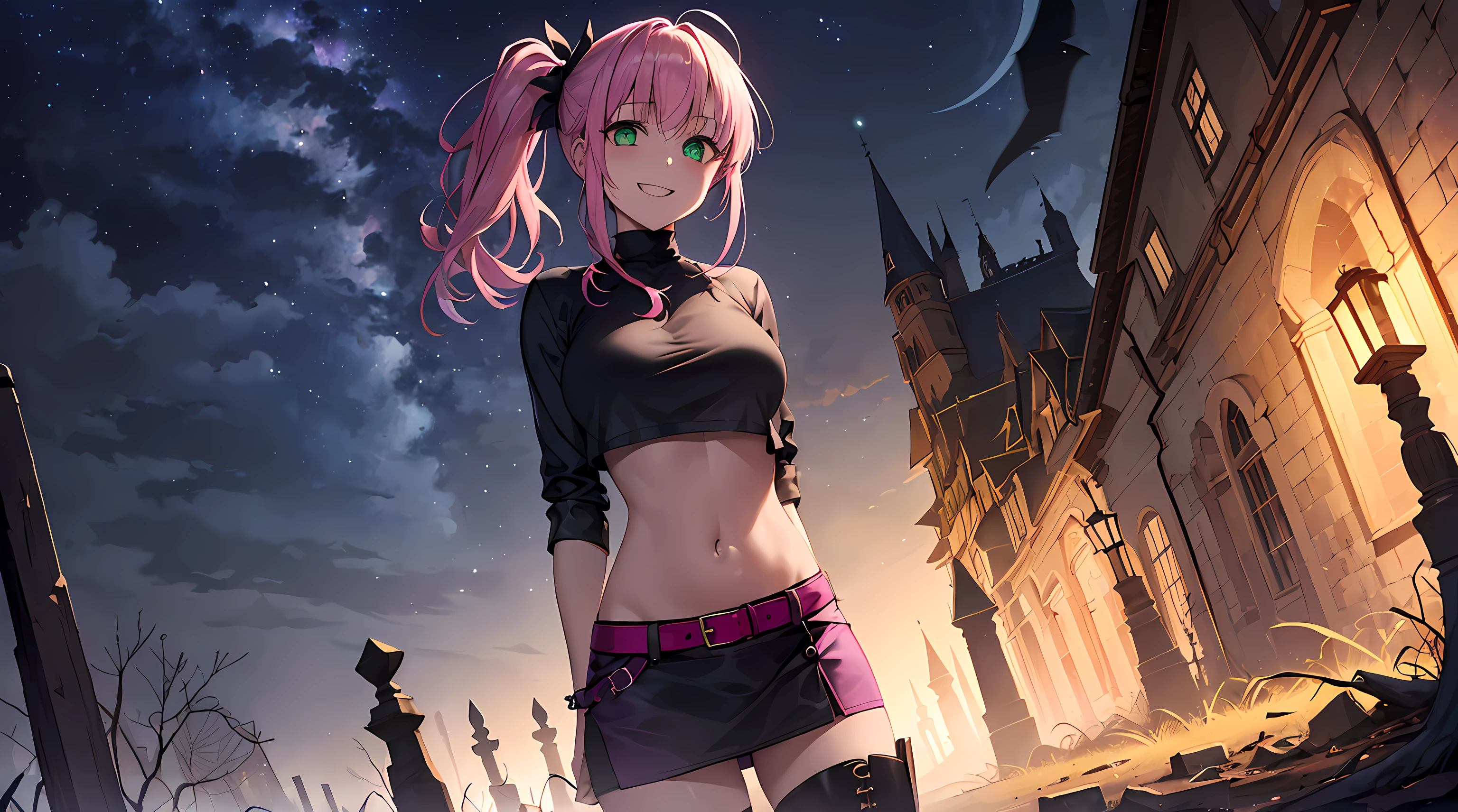 masterpiece, 1girl ((20year old, Witches Outfit, Black crop top shirt exposes navel, purple miniskirt, knee-high boots, medium breasts, multicolor pink hair, twin ponytails, green eyes, flirting, happy, big smile, witches hat, standing in a graveyard at night, scary and abandoned castle, dark, scary and spooky night atmosphere)) ((nighttime)) ((solo)) ((low camera angle))