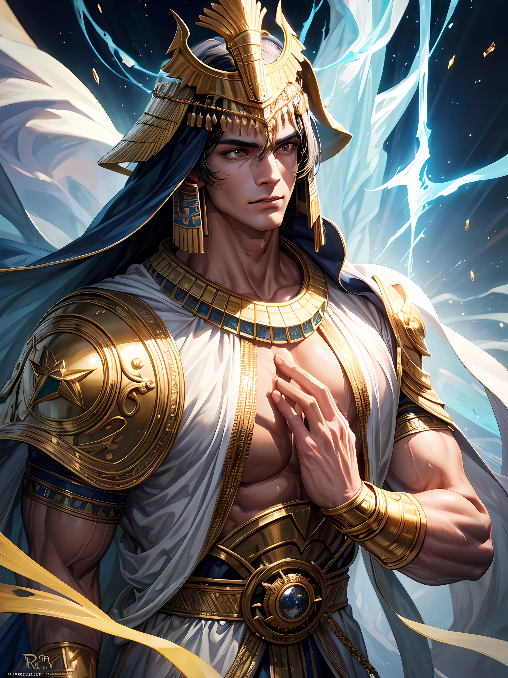Top quality, Photorealistic, 8K, High Definition, absurd res, high res, ultra sharp, masterpiece, (masterpiece), best quality, expressive eyes, perfect face, Super eyes, masterpiece, highly detailed exquisite character art, epic fantasy digital art style, detailed digital 2d fantasy art, ultra-realistic, muscular male deity, god of light, celestial being, Egyptian inspired, pecs, robes, coming from the sky people watching, handsome male, white eyes, helmet, metallic robes, god rays, glowy, casting magic, heroic pose, gay couple