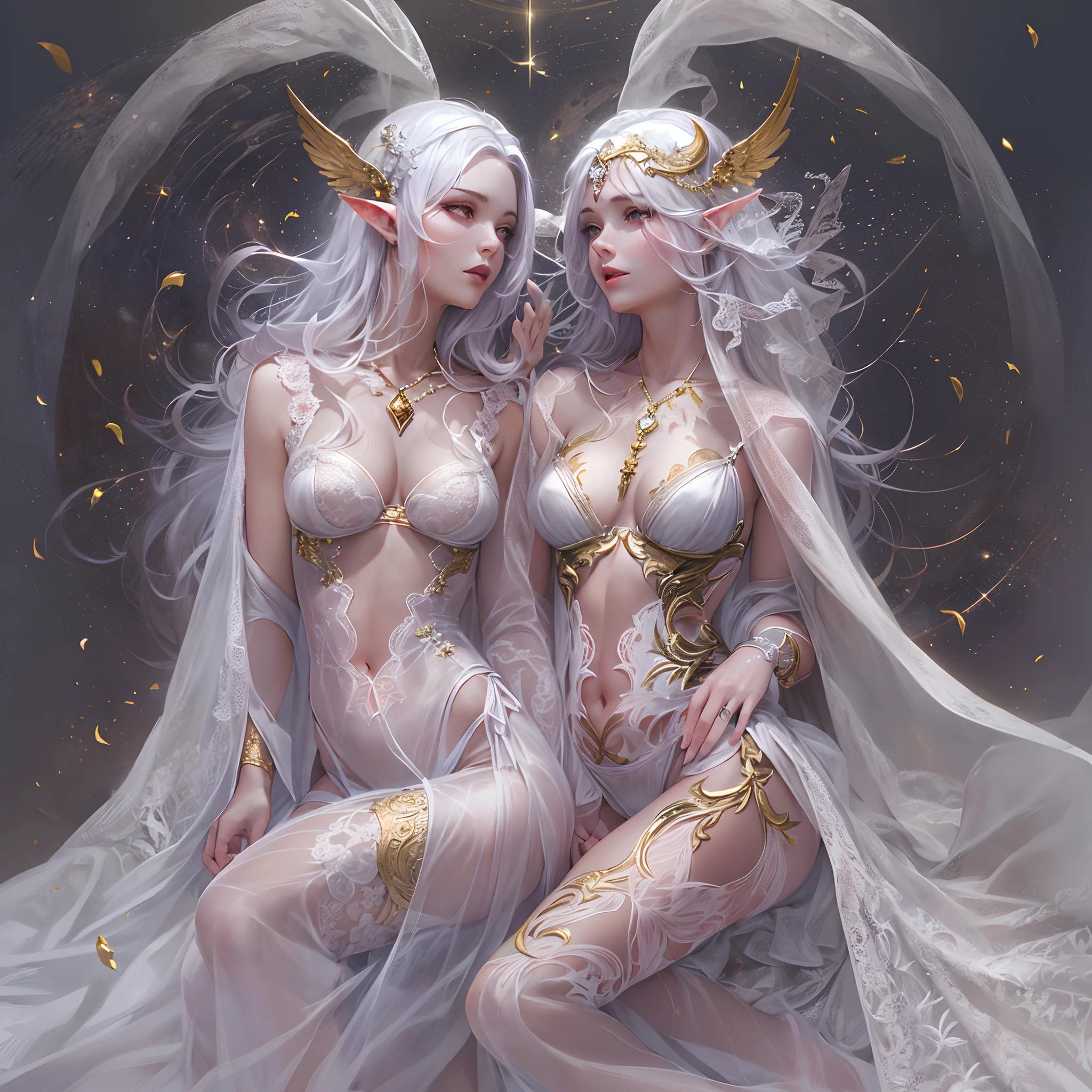 Sisters, Milky Way, Crescent Moon, Meteor Shower, Silver Hair, Feathered Angel Wings, Elven Ears, Transparent Finish, Realistic Body Lines, (((Many long white lace veils flutter in the wind))),((Red tattoo with womb under the navel))))), (Silk gold and silver lingerie), ((((Dirty crest)))