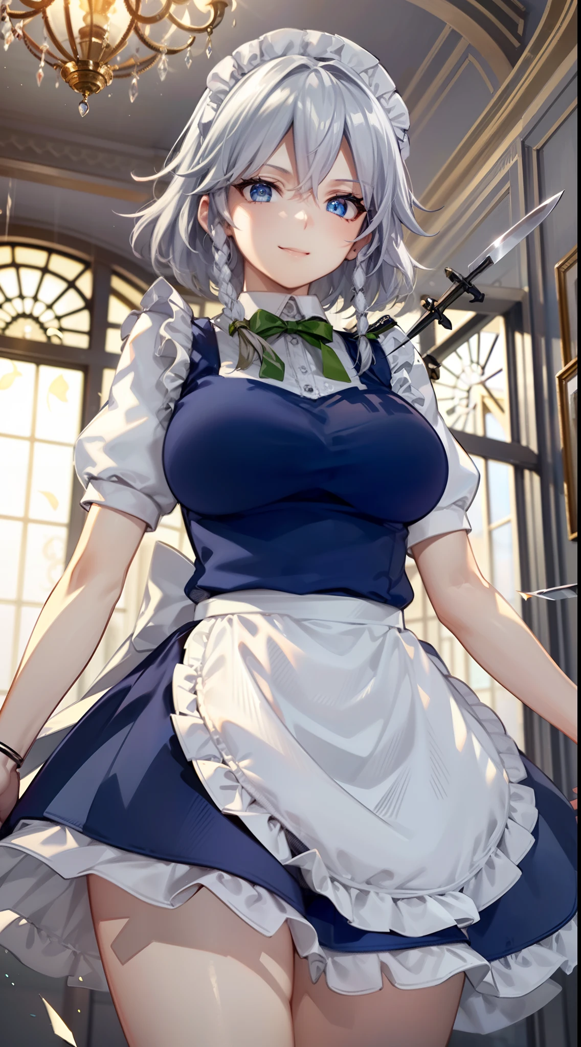 (Unity 16K Wallpaper, masutepiece, Best Quality, Ultra-detailed, extremely details CG, Cinematic lighting, Detailed, Beautiful detailed eyes, Solo),超A high resolution,Fine skin,A sexy,maid, maid apronl, Maid headdress,Knives,Seductive smile,From below,Throwing knives,Floating hair, Wind, Indoors,