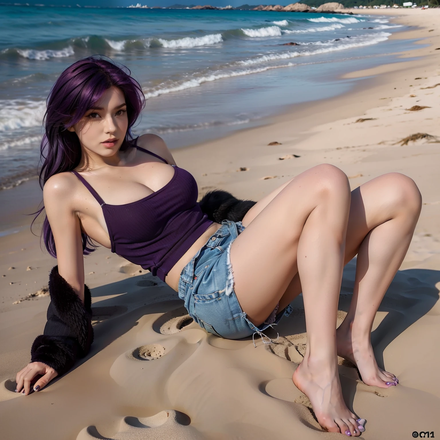woman shorts with purple polish hair , flat breasts, full body, on the beach