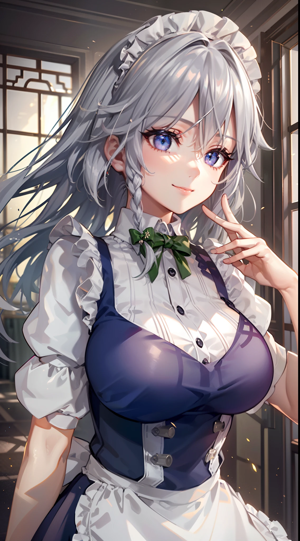 (Unity 16K Wallpaper, masutepiece, Best Quality, Ultra-detailed, extremely details CG, Cinematic lighting, Detailed, Beautiful detailed eyes, Solo),超A high resolution,Fine skin,A sexy,maid, maid apronl, Maid headdress,Knives,teasing smile,From below,dynamic pose,Floating hair, Wind, Indoors,