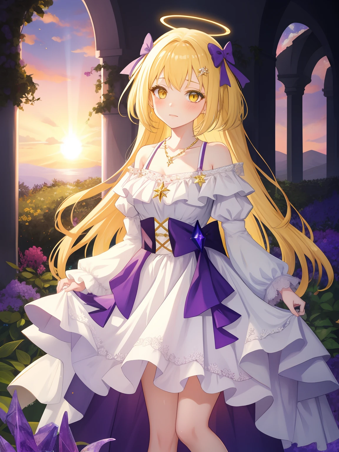 Anime game Arcane Garden's of the Great White Empire - Girl, pale yellow hair, long hair, bright yellow eyes, purple eyeliner, light white dress, yellow diamond pattern on the dress, yellow pattern on the dress, sad, looking at the viewer, purple necklace, lace belt on the leg, purple ribbon in the hair , yellow crystal wings, hexagonal crystals, abandoned palace balcony, crystal plants, sunset rays, halo