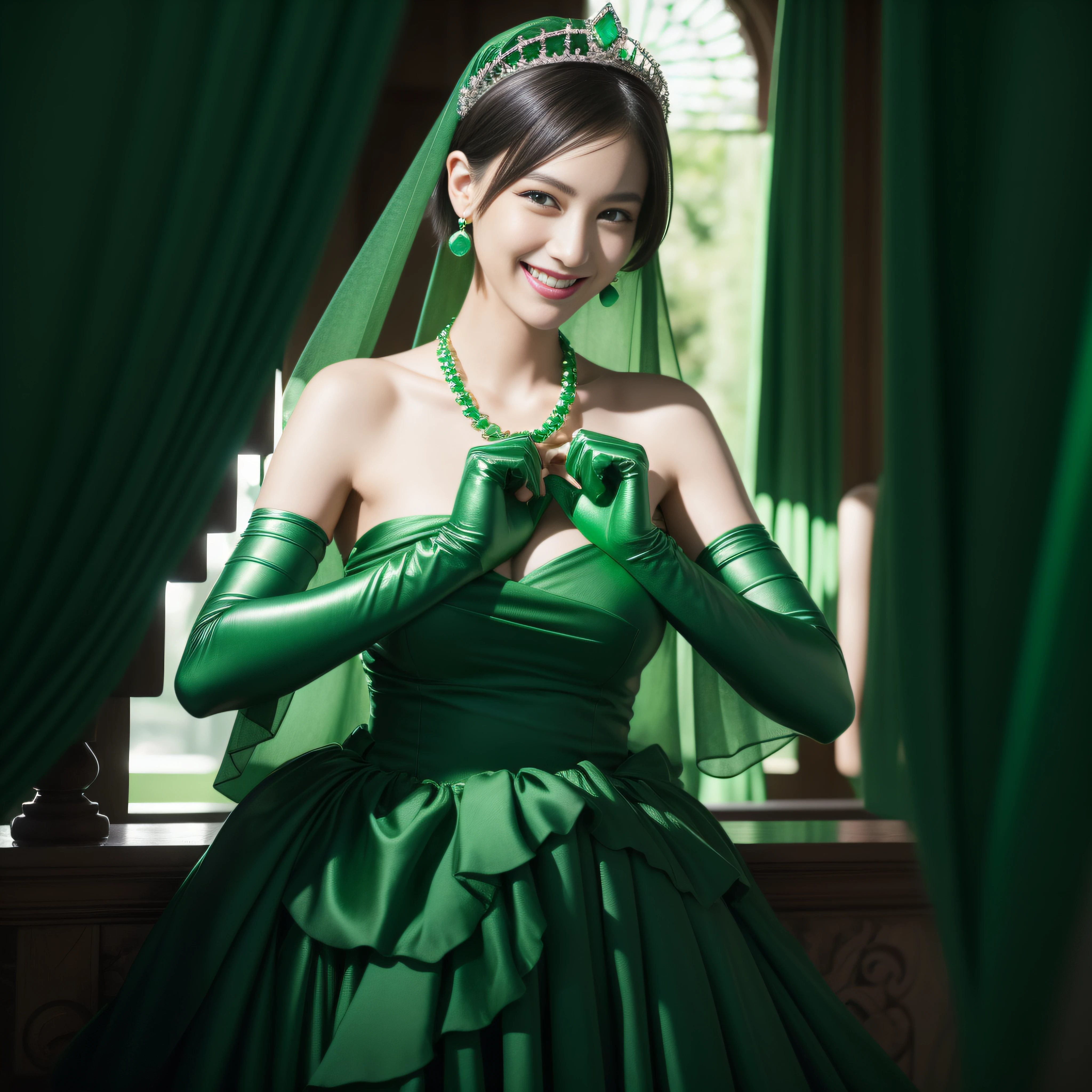 emerald tiara, Green Pearl Necklace, Boyish very short black hair, lipsticks, Japan woman smiling, very short short hair, big breasts beautiful, Green eyes, Long green gloves made of satin material, Green eyes, Emerald Earrings, Day Church, Pregnancy