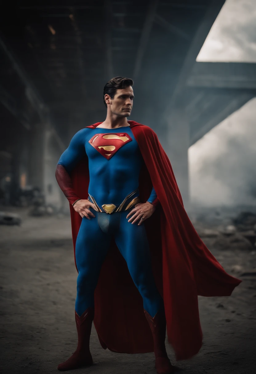 A man in a superman costume standing in a dirty area - SeaArt AI