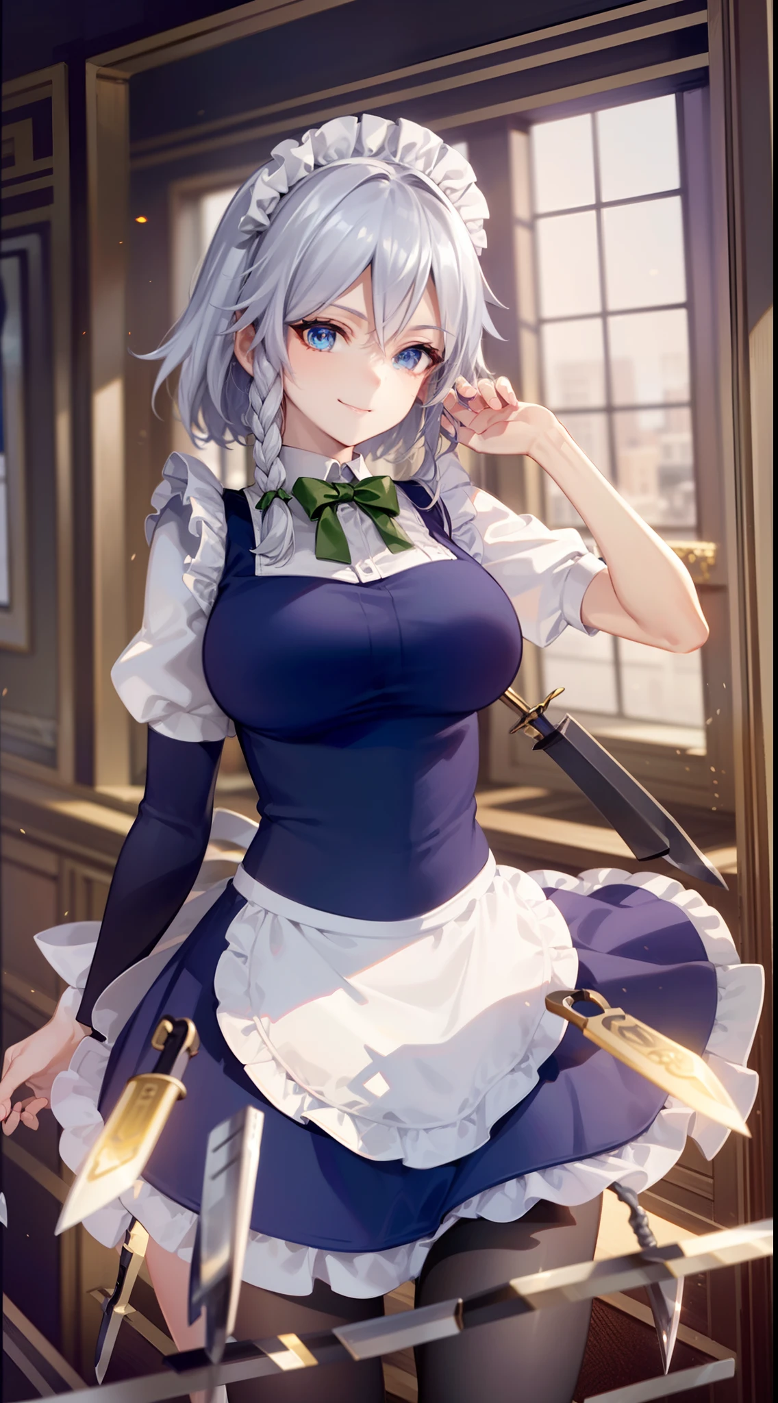 (Unity 16K Wallpaper, masutepiece, Best Quality, Ultra-detailed, extremely details CG, Cinematic lighting, Detailed, Beautiful detailed eyes, Solo),超A high resolution,Fine skin,A sexy,maid, maid apronl, Maid headdress,Knives,teasing smile,From below,Throwing knives,Floating hair, Wind, Indoors,