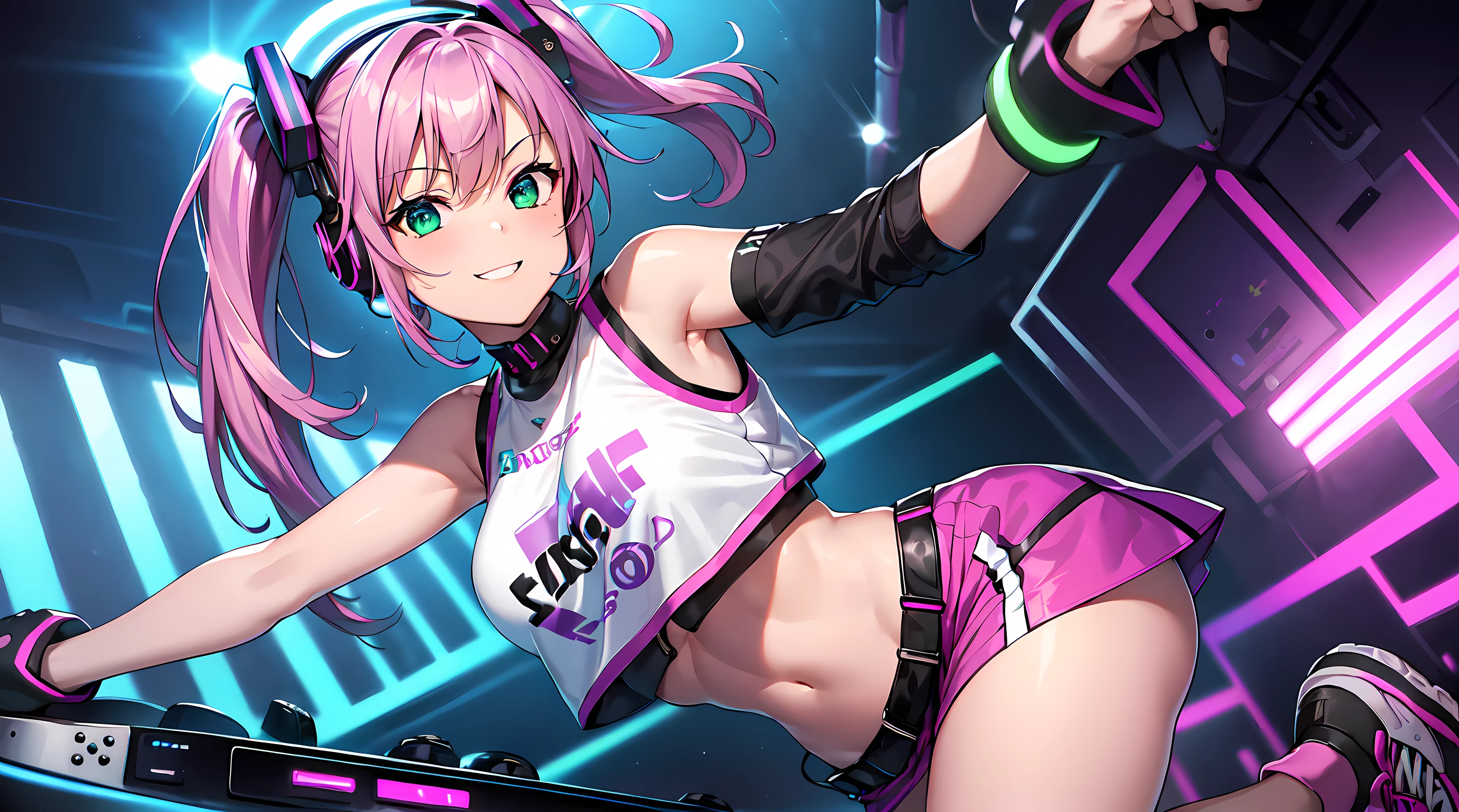​masterpiece, 1girl ((20year old, crop top shirt exposes navel, purple miniskirt, sneakers, medium breasts, multicolor pink hair, twin ponytails, green eyes, flirting, happy, big smile, looking forward, headphones, standing behind a DJ turntable, DJ music in a dance club, neon lighting and colorful, futuristic dance club, futuristic and exciting atmosphere)) ((solo))