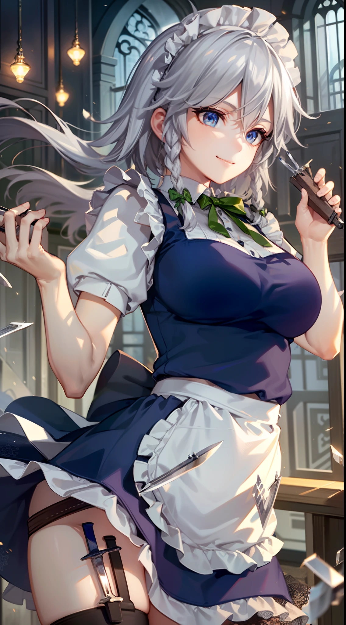 (Unity 16K Wallpaper, masutepiece, Best Quality, Ultra-detailed, extremely details CG, Cinematic lighting, Detailed, Beautiful detailed eyes, Solo),超A high resolution,Fine skin,A y,maid, maid apronl, Maid headdress, blush,from below,throwing a knife,floating hair, indoors, wind, indoors, spranty shot , sg underwear, ahegao, blush, sweat, open mouth, rolling eyes, tears, tongue out, gigantic breasts,