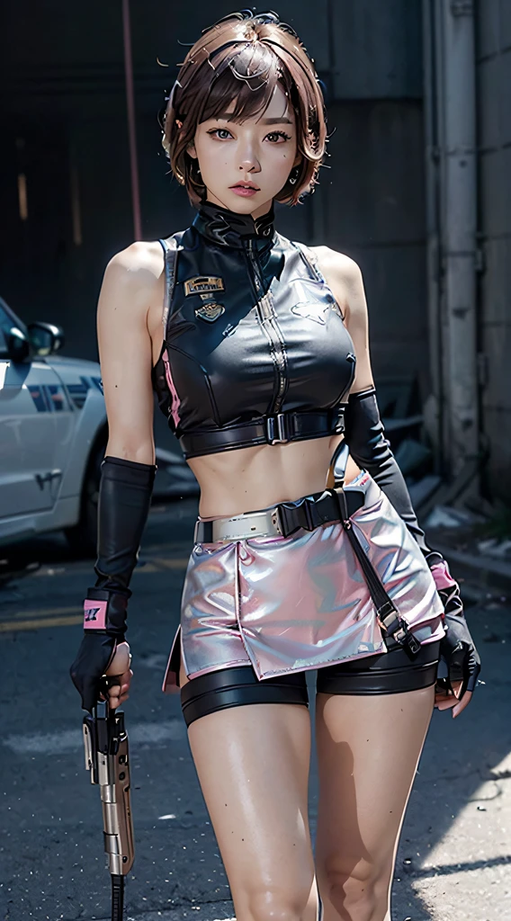 (Top Quality, Ultra High Definition, Photorealistic:1.4), (cowboy shot:1), 1 Beautiful Armed Girl, (Kpop Idol), Detailed Face, (Hair Style: Pink:1, fullbang, shortbob-style:1), Contrapposto, Perfect Anatomy, Smooth Skin, Professional Lighting, ((wearing Futuristic Police Racing Suits, low-mini-skirt, police wappen, High-tech Headset, military waist harness and gun-holder, racing gloves, transceiver, handgun)), (Cloths colors based on silver pink black white), (background, crashed cars, fire, (Explosion)),