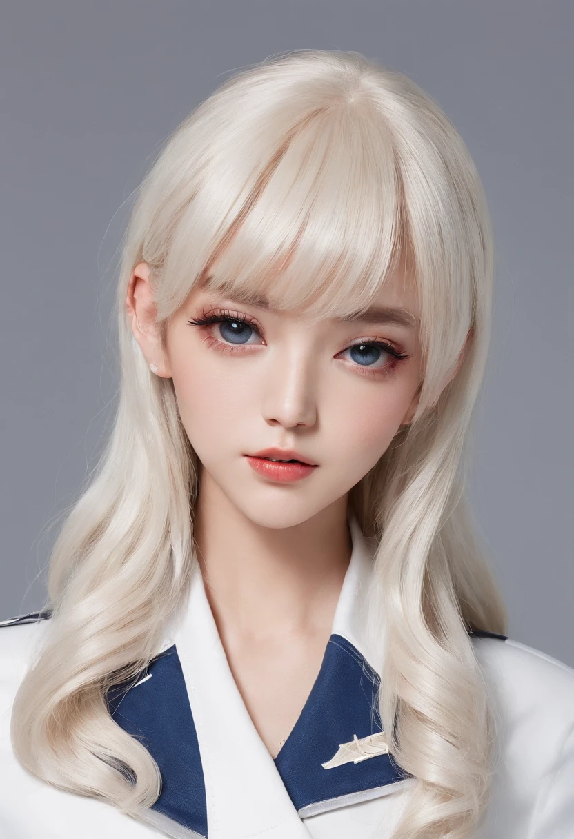 bust shot、sailor uniform、Student clothes、Beautiful girl with a perfect beautiful face、Glossy white leather with shiny firmness、bangs between the eyes、Super Long And Straight Shiny Beautiful Platinum Blonde、super long straight hair、eye liner、sexy and beautiful 17 years old、Large eyes with a clear and beautiful blue color、Beautiful and bright girl