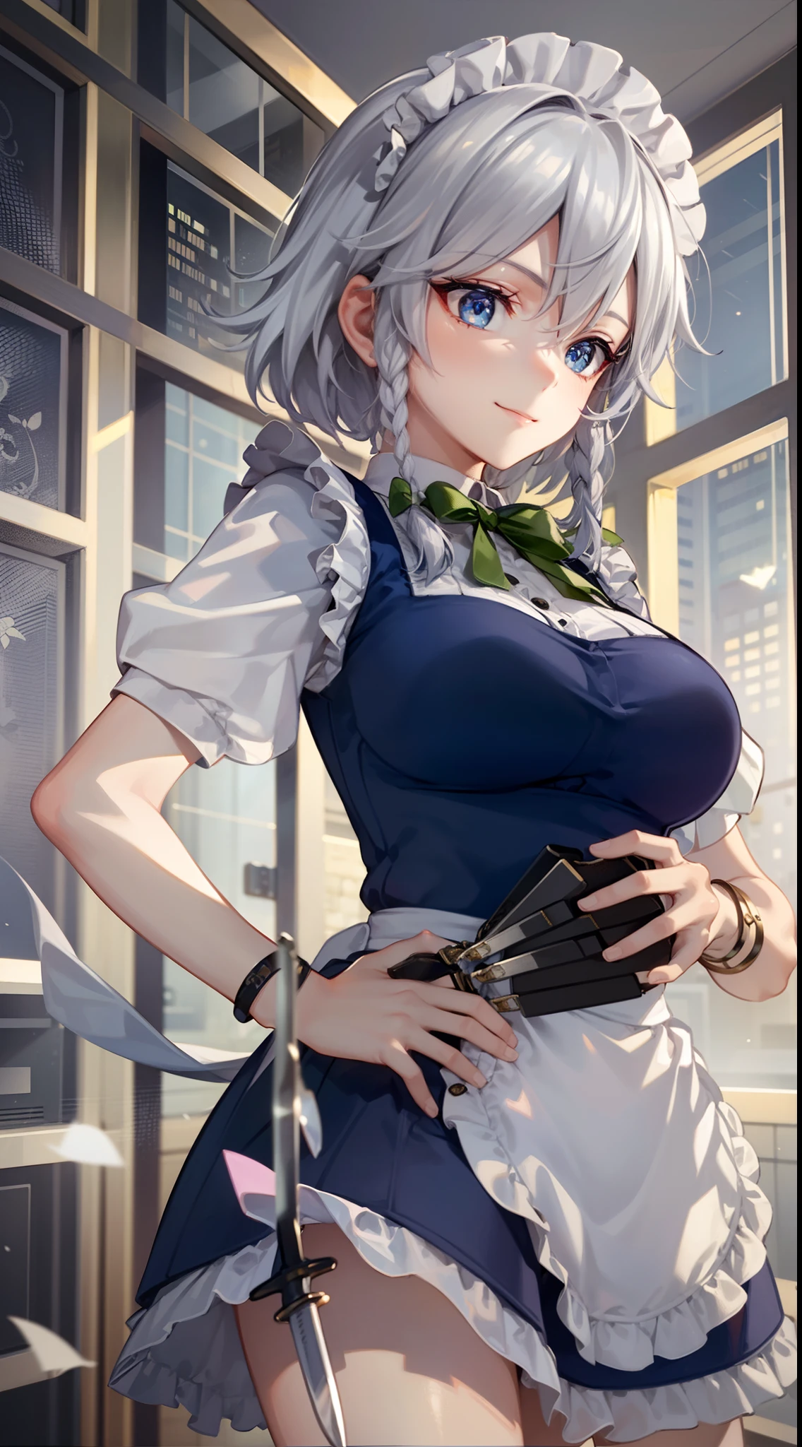 (Unity 16K Wallpaper, masutepiece, Best Quality, Ultra-detailed, extremely details CG, Cinematic lighting, Detailed, Beautiful detailed eyes, Solo),超A high resolution,Fine skin,A sexy,maid, maid apronl, Maid headdress,Knives,teasing smile,From below,hand on hip,Floating hair, Wind, Indoors,