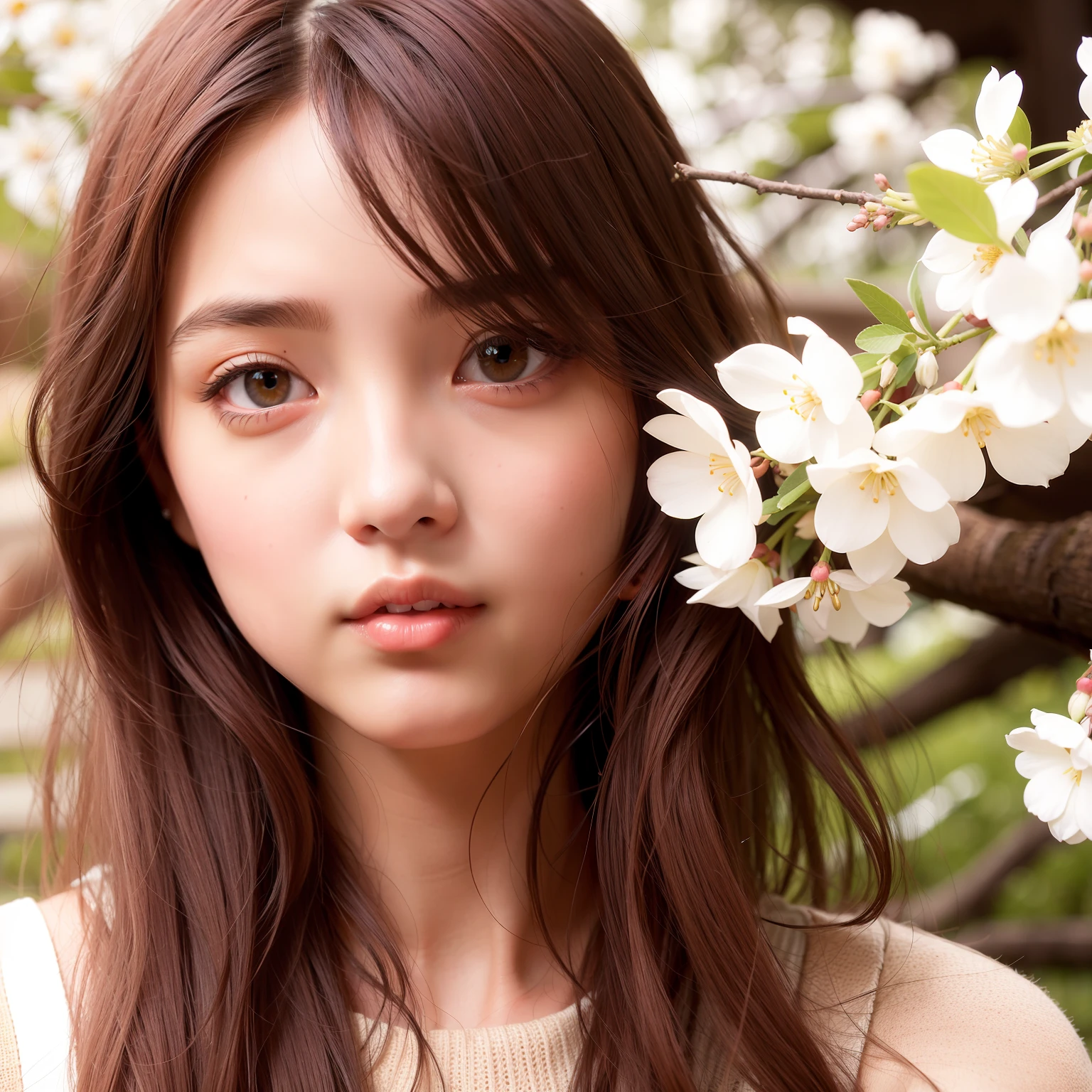 Arafeid woman with long brown hair and white sweater, beautiful Japanese girl face, Japanese model, beautiful delicate face, girl cute-fine face, author：Torii Kiyomoto, Japan facial features, cute delicate face, with cute - fine - face, feminine beautiful face, beautiful aesthetic face, sakura bloomimg, asian beautiful face