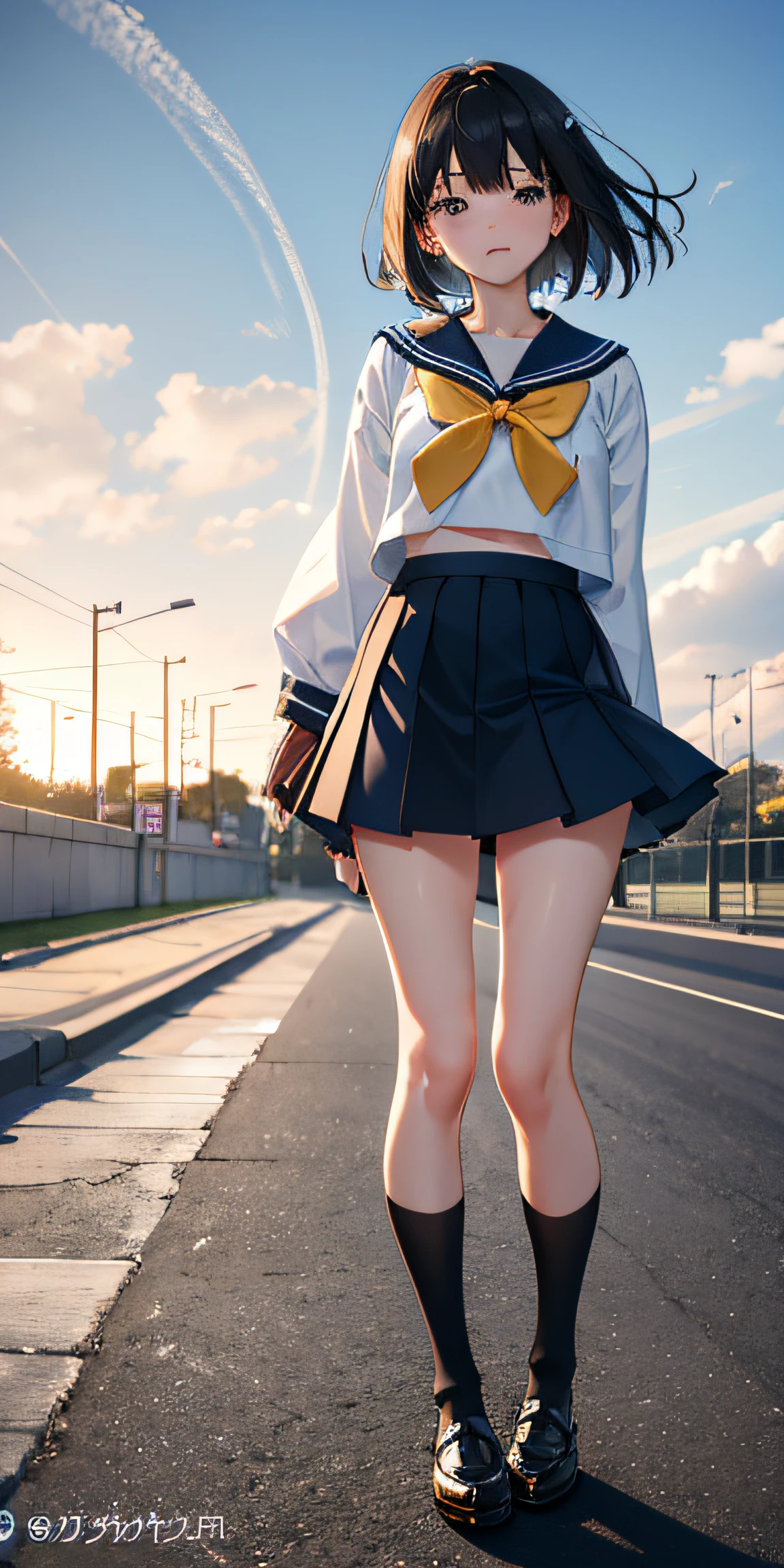 8k, masterpiece, Professional photos, Professional Lighting, 1girl, cute girl, japanese idol, sailor uniform, windy, embarrassed from, The skirt flips up in the wind, white panty, sixteen years old, A dark-haired, Shorthair, Normal bust, get angry, glares, perspiring, Alleys of the town, sunny sky, Concrete walls, Asphalt ground