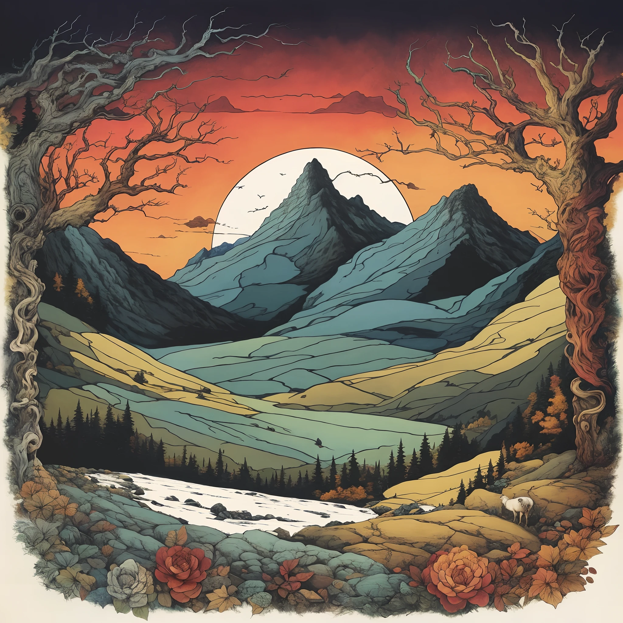 a painting of a mountain scene with a river and trees, el bosco and dan mumford, autumn mountains, scenery artwork, dan mumford and albert bierstadt, by Justin Gerard, mountainscape, middle earth landscape, dan mumford and peter mohrbacher, painting by dan mumford, in the style dan mumford artwork, in the art style of dan mumford