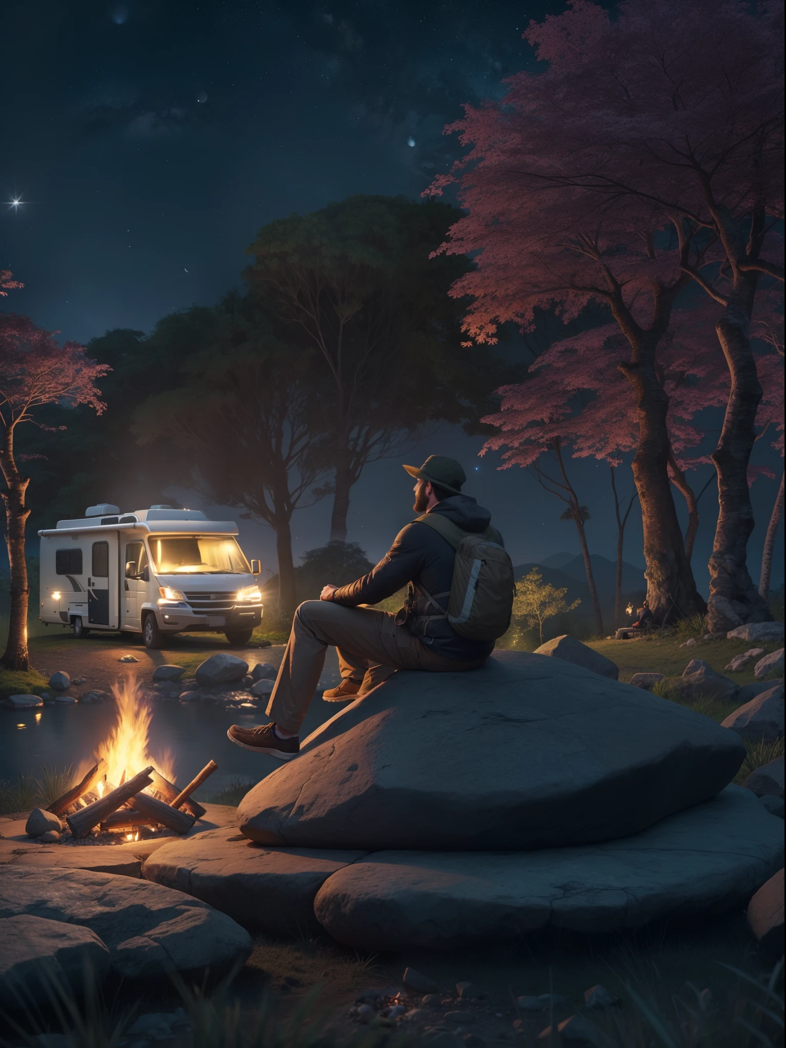 There was a man in Jungle sit on the stone, around the bonfire, night sky, camping, RV Motor home parked in background, night view, best quality graphics, 24K UHD, 3D animation, small waterfall