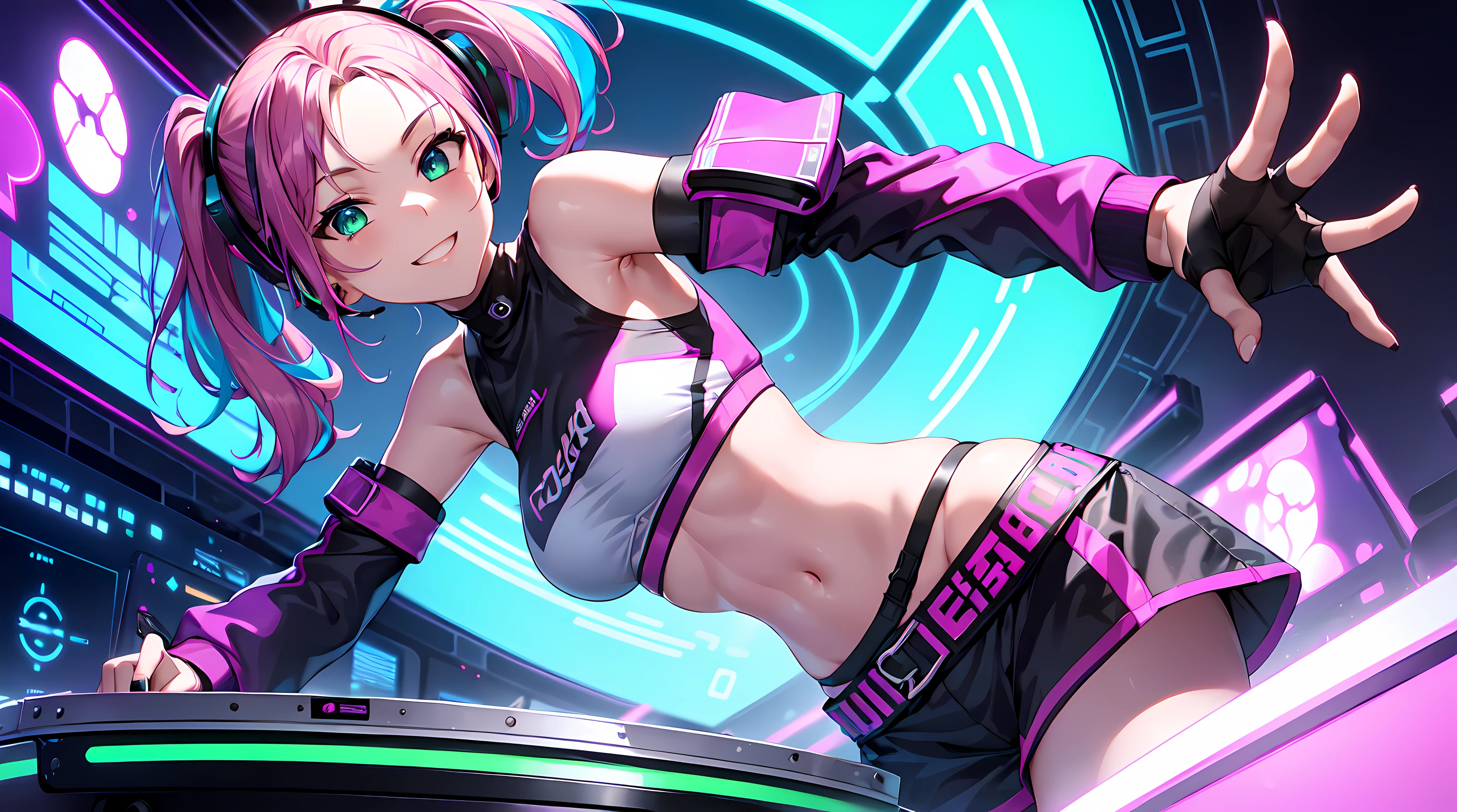 ​masterpiece, 1girl ((20year old, crop top shirt exposes navel, purple miniskirt, sneakers, medium breasts, multicolor pink hair, twin ponytails, green eyes, flirting, happy, big smile, looking forward, headphones, standing behind a DJ turntable, DJ music in a dance club, neon lighting and colorful, futuristic dance club, futuristic and exciting atmosphere)) ((solo))