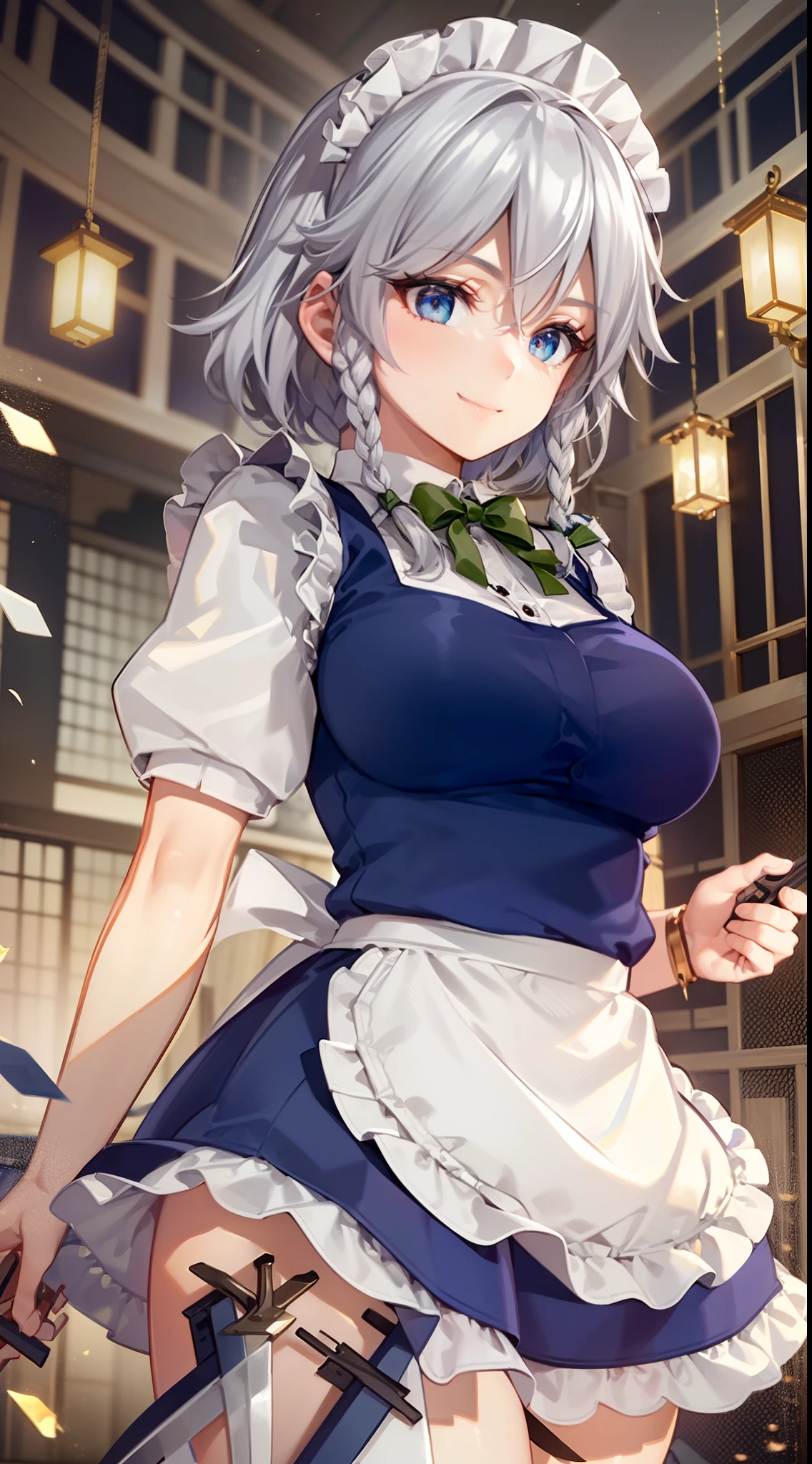 (Unity 16K Wallpaper, masutepiece, Best Quality, Ultra-detailed, extremely details CG, Cinematic lighting, Detailed, Beautiful detailed eyes, Solo),超A high resolution,Fine skin,A sexy,maid, maid apronl, Maid headdress,Knives,teasing smile,From below,Throwing knives,Floating hair, Wind, Indoors,