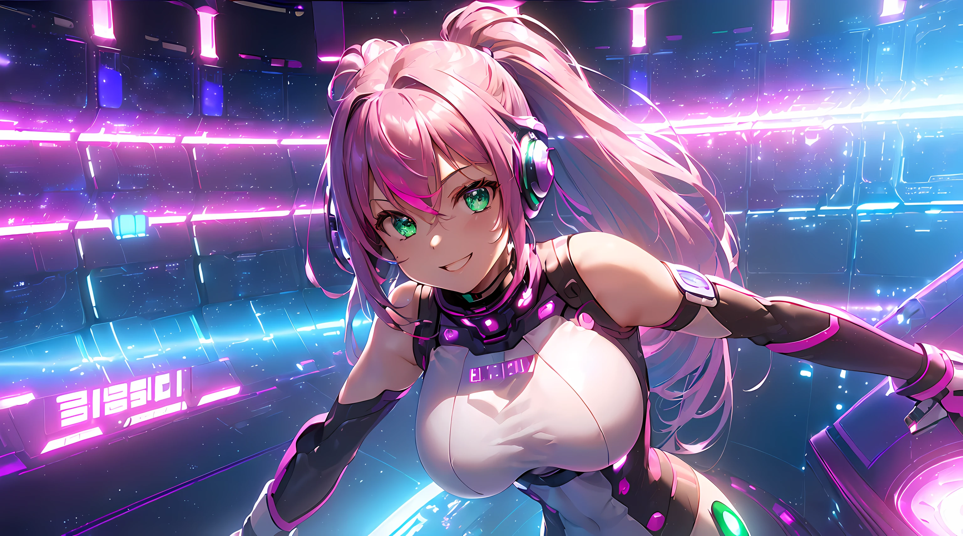 masterpiece, 1girl ((20year old, sci-fi futuristic pink and purple bodysuit, medium breasts, multicolor pink hair, twin ponytails, green eyes, flirting, happy, big smile, looking up, standing in a futuristic spaceship control room, big windows showing a colorful galaxy and stars, space and exciting atmosphere)) ((nighttime)) ((solo)) ((high camera angle, top view))