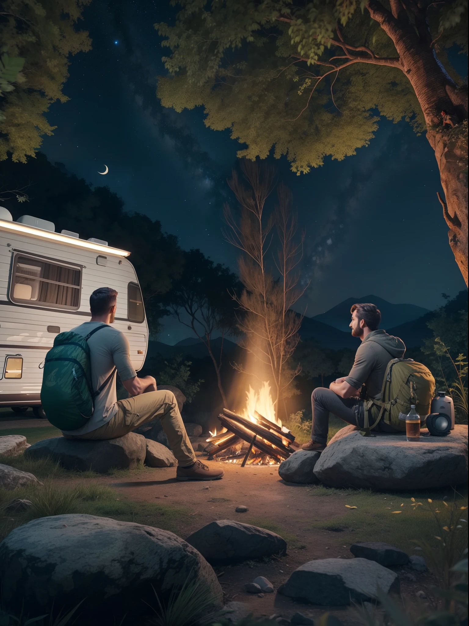 There was a man in Jungle sit on the stone, around the bonfire, night sky, camping, RV Motor home parked in background, night view, best quality graphics, 24K UHD, 3D animation, small waterfall