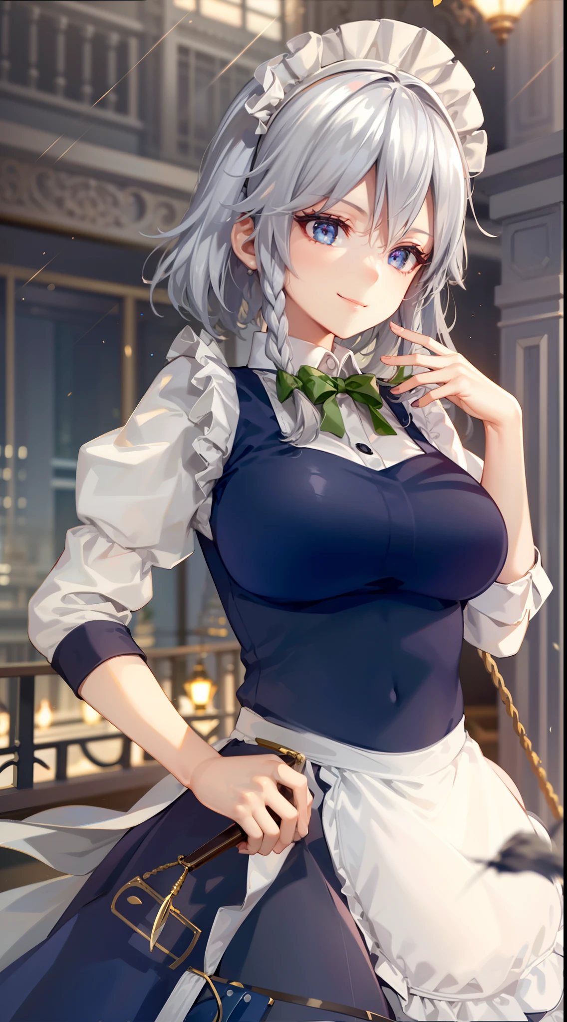 (Unity 16K Wallpaper, masutepiece, Best Quality, Ultra-detailed, extremely details CG, Cinematic lighting, Detailed, Beautiful detailed eyes, Solo),超A high resolution,Fine skin,A sexy,maid, maid apronl, Maid headdress,Knives,teasing smile,From below,hand on hip,Floating hair, Wind, Indoors,