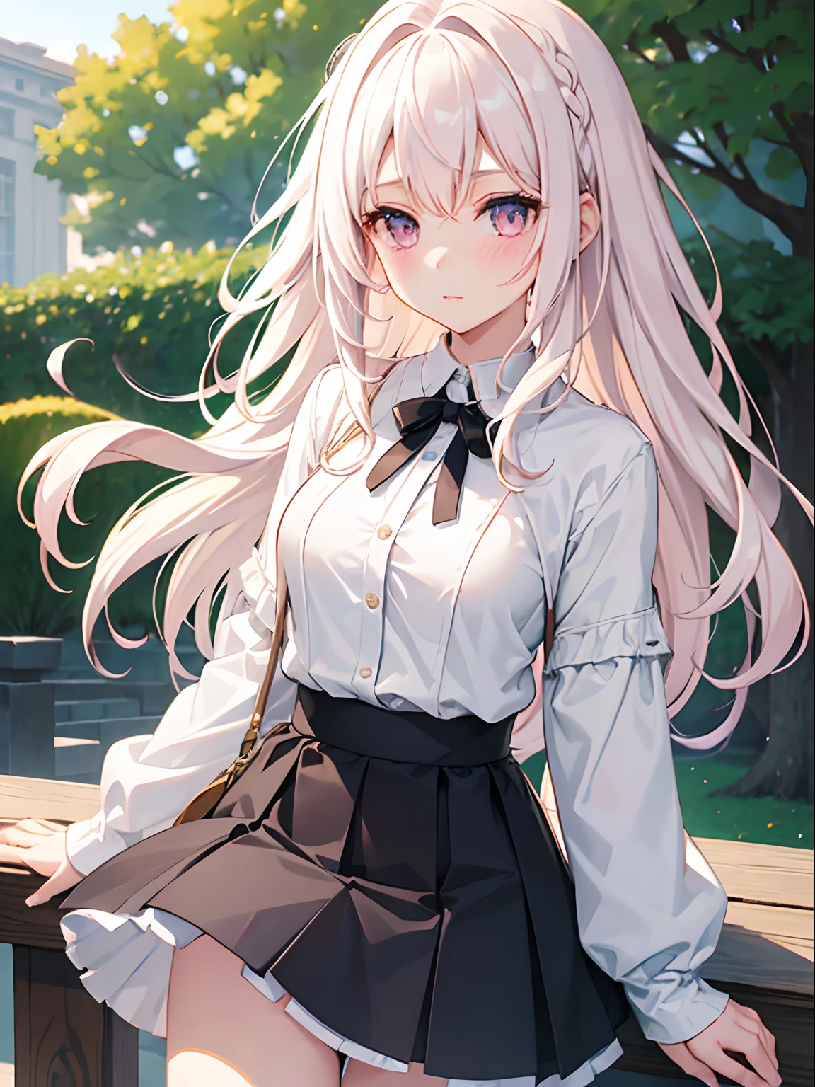 1girl, white medium hair, light pink eyes, center parted hair, cute, blush, medium breast, white knit, black mini skirt, noon, park, date
