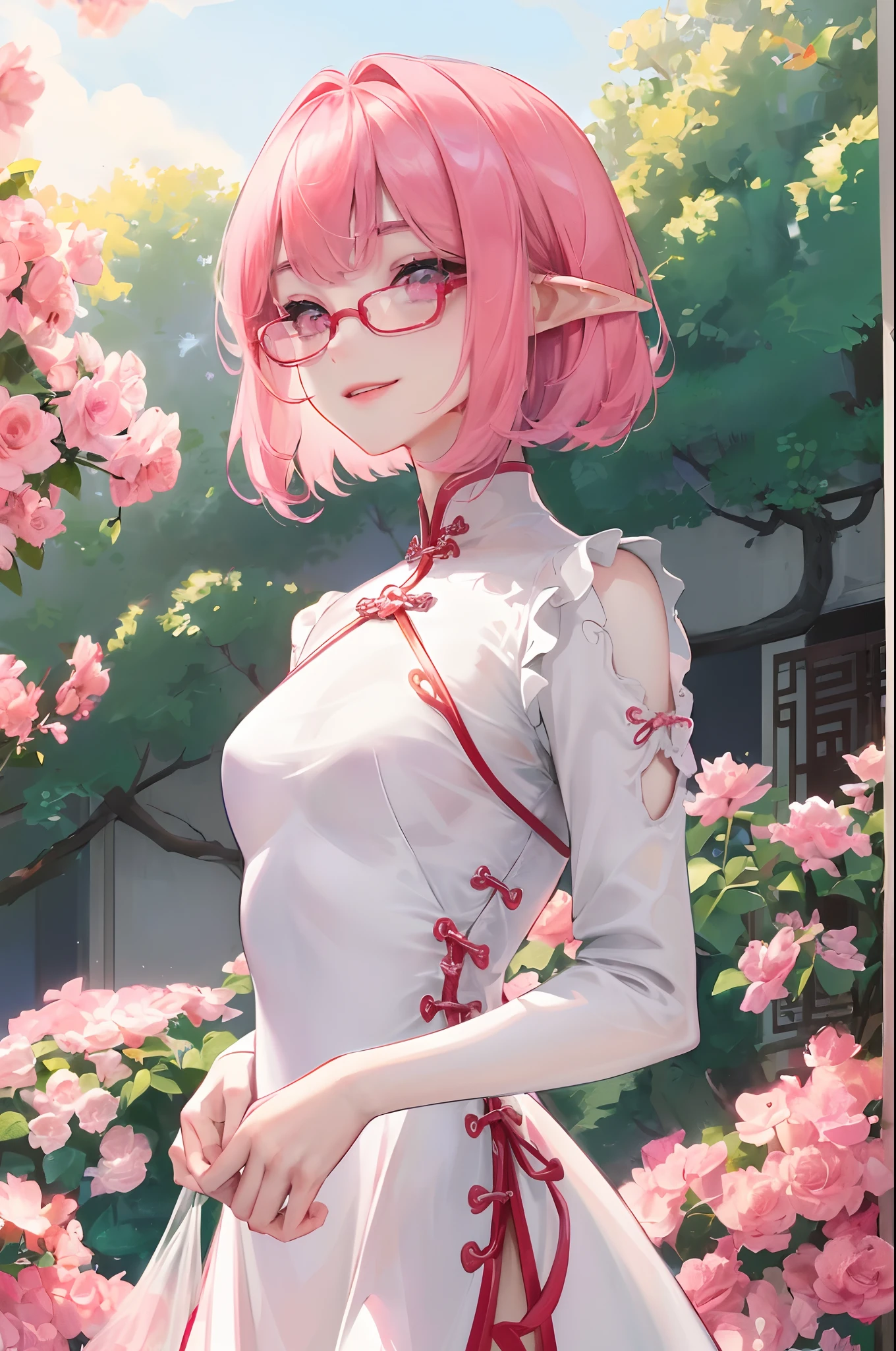 masterpiece、top-quality、Ultra Detail、, 1girl in,beautiful lighting、1girl with、((()))、(((a junior high iful Girl)))、(((china dress)))、(((medium breasts)))、ren、Beautie、Red glasses(((Red glasses)))、little blush、Young Face、(shiny lip:1.1)、(beautidful eyes:1.1)、fantastic hair、short-hair、bob cuts、Pink hair、Red glasses、Platinum pink eyes、elf-ears、Well-formed face、medium breasts、A smile、masutepiece、Best Quality、High resolution、Cowboy Shot、From Side、Pale skin staring at the viewer、Curve、Blunt bangs、lightsmile、