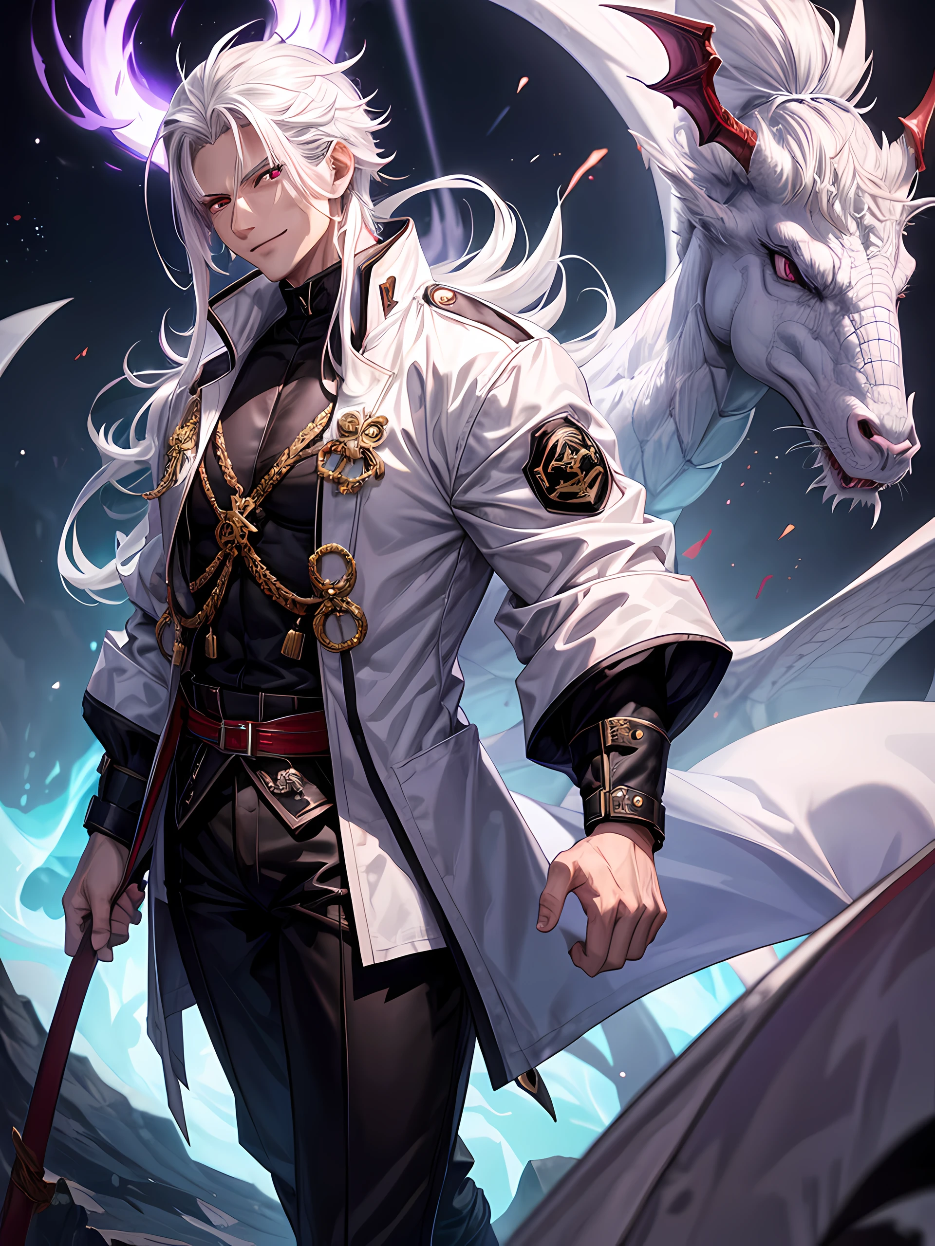Muscular man, alone, white windbreaker, white long pants, white hair, black locks of hair, Japanese-looking man, dragon horns, violet-colored military boots, evil smile, dark brown eyes, fantasy scenery, walking through the flames of darkness.