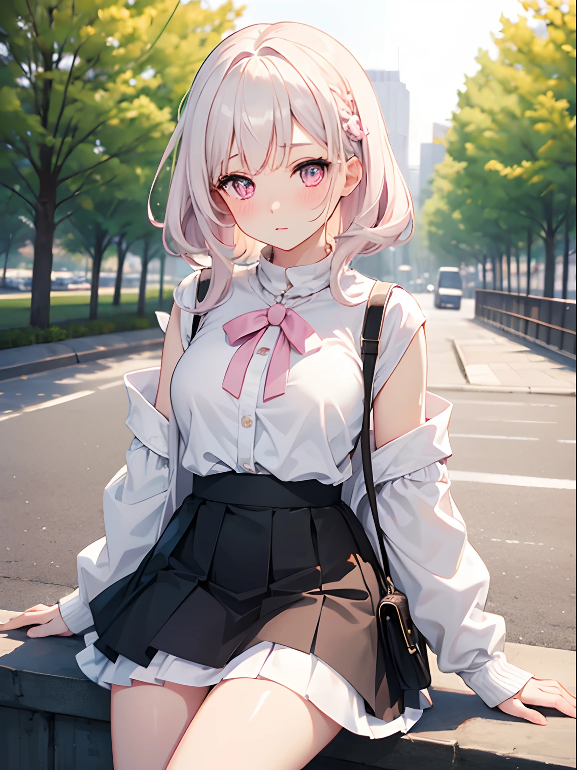White Hair、Pink Eyes、Short Hair、laughing、Only one girl、alone、Cute、Face is close、Daytime、at the park、it&#39;s raining、With an umbrella