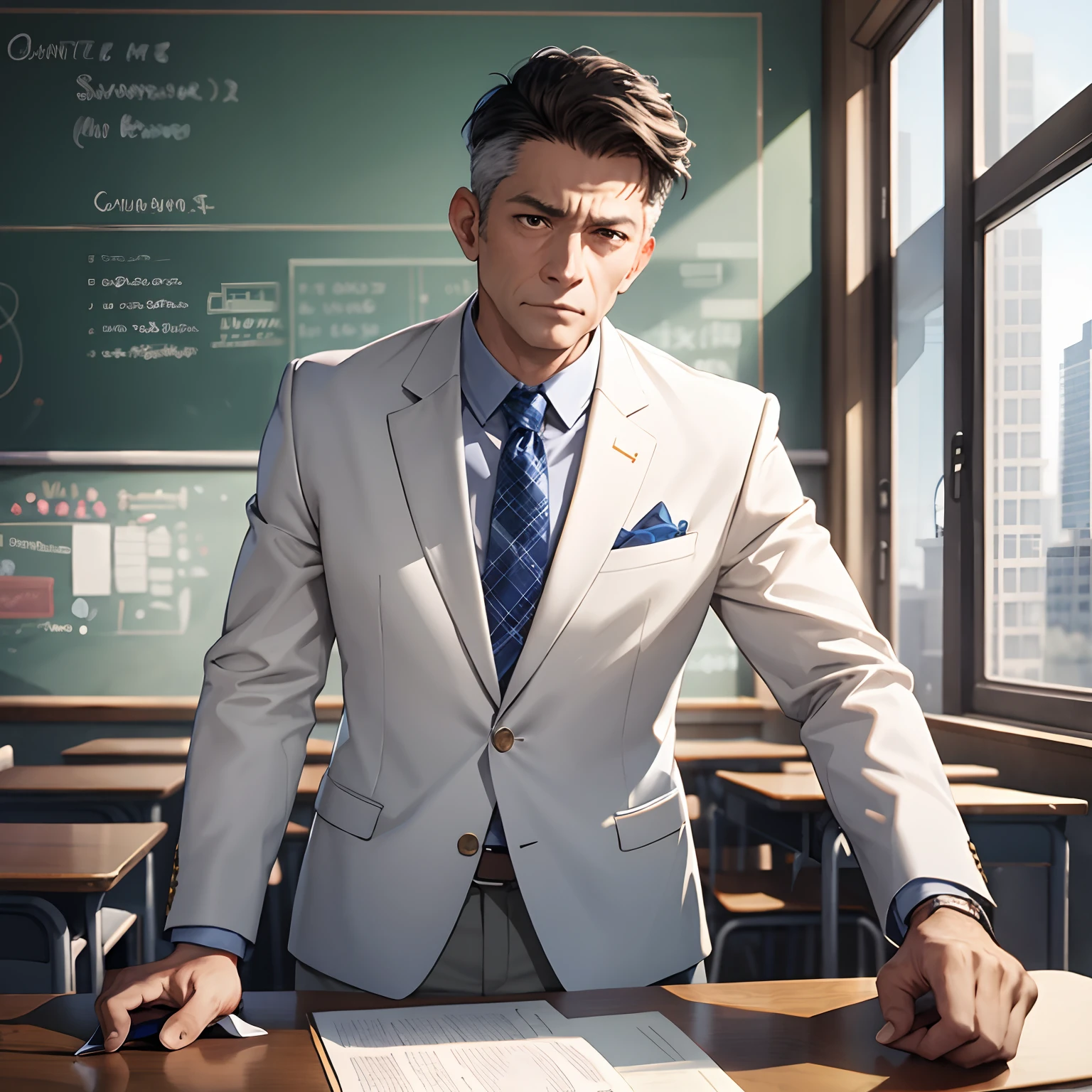 Ridiculous resolution,high resolutions,(master-piece:1.4),ultra-details,Middle-aged male teacher,White suit,classroom,sad expression,tuition