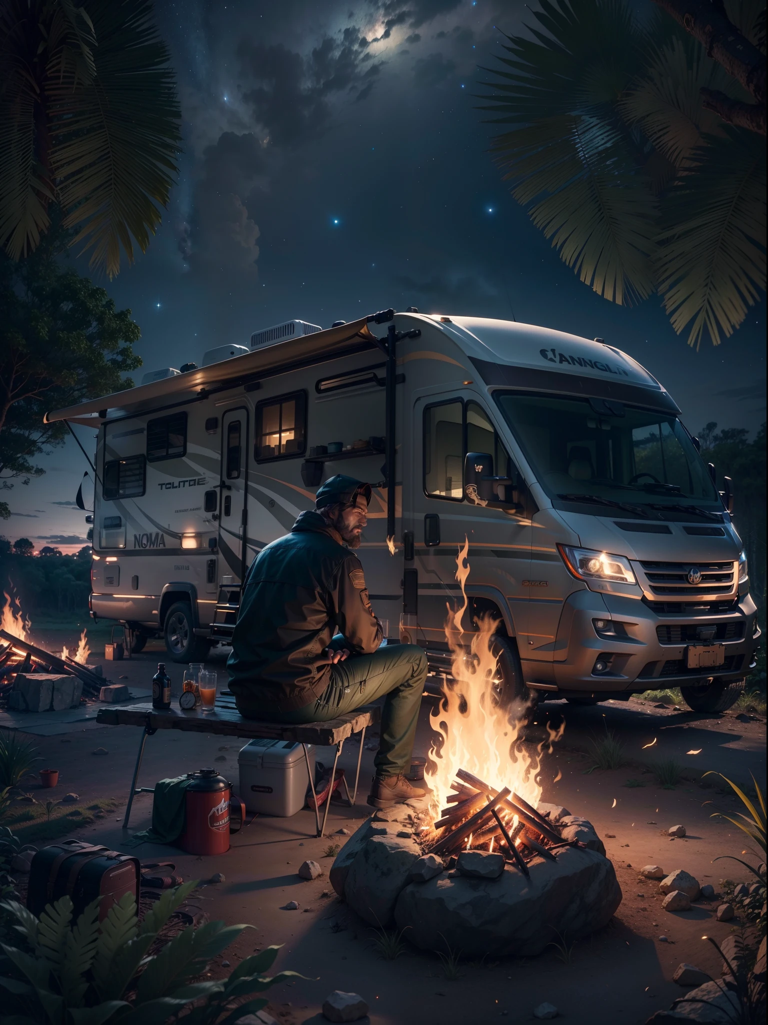 There was a man in Jungle sit on the stone, around the bonfire, night sky, camping, RV Motor home parked in background, night view, best quality graphics, 24K UHD, 3D animation