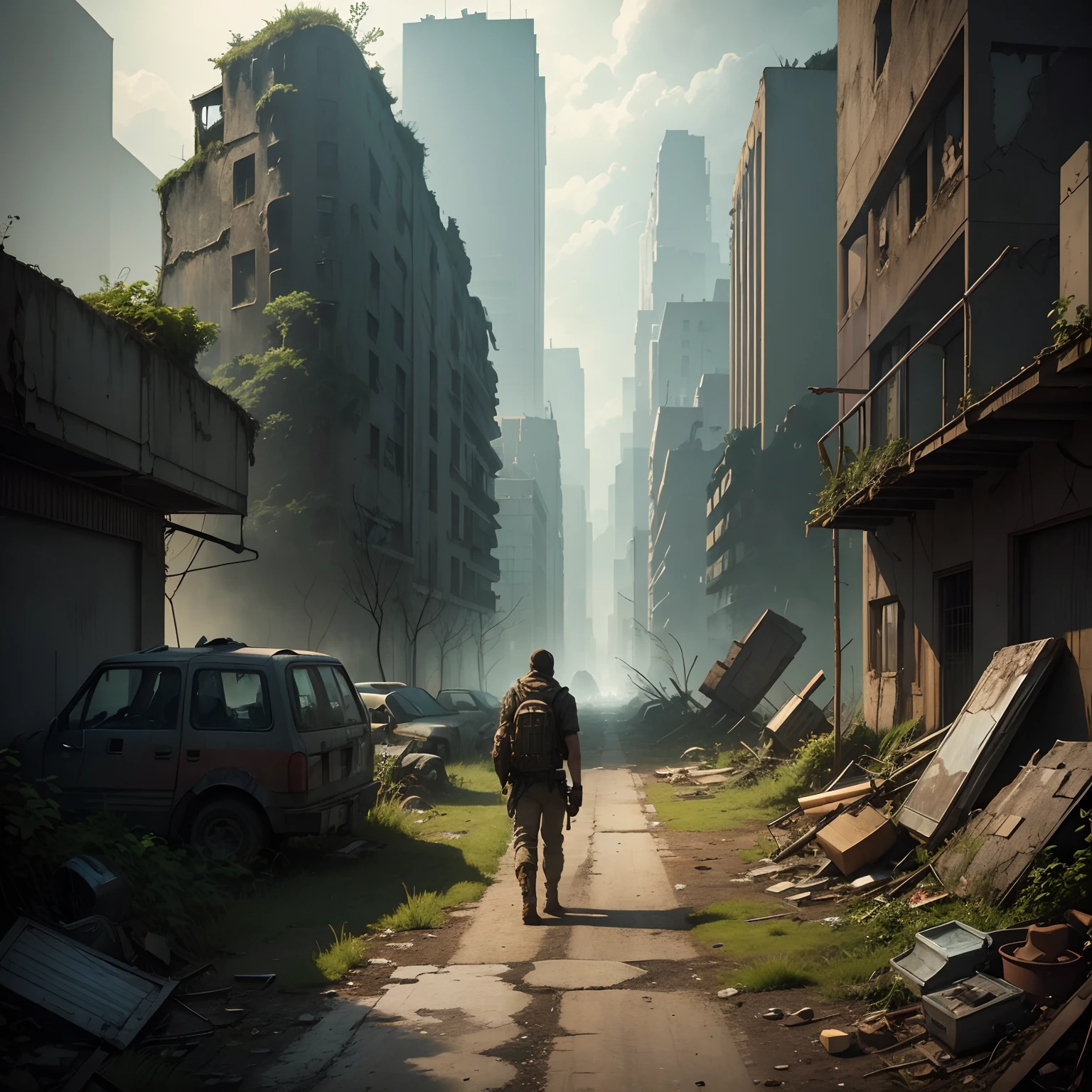 there is a man standing on a ladder in a building, dark abandoned city streets, destroyed city in the background, in a ruined cityscape, post - apocalyptic city streets, post apocalyptic street, destroyed city, ruined town, dystopian background, in a post apocalyptic city, ruined city in background, ruined city in the background, dystopian setting, background is a city in ruins