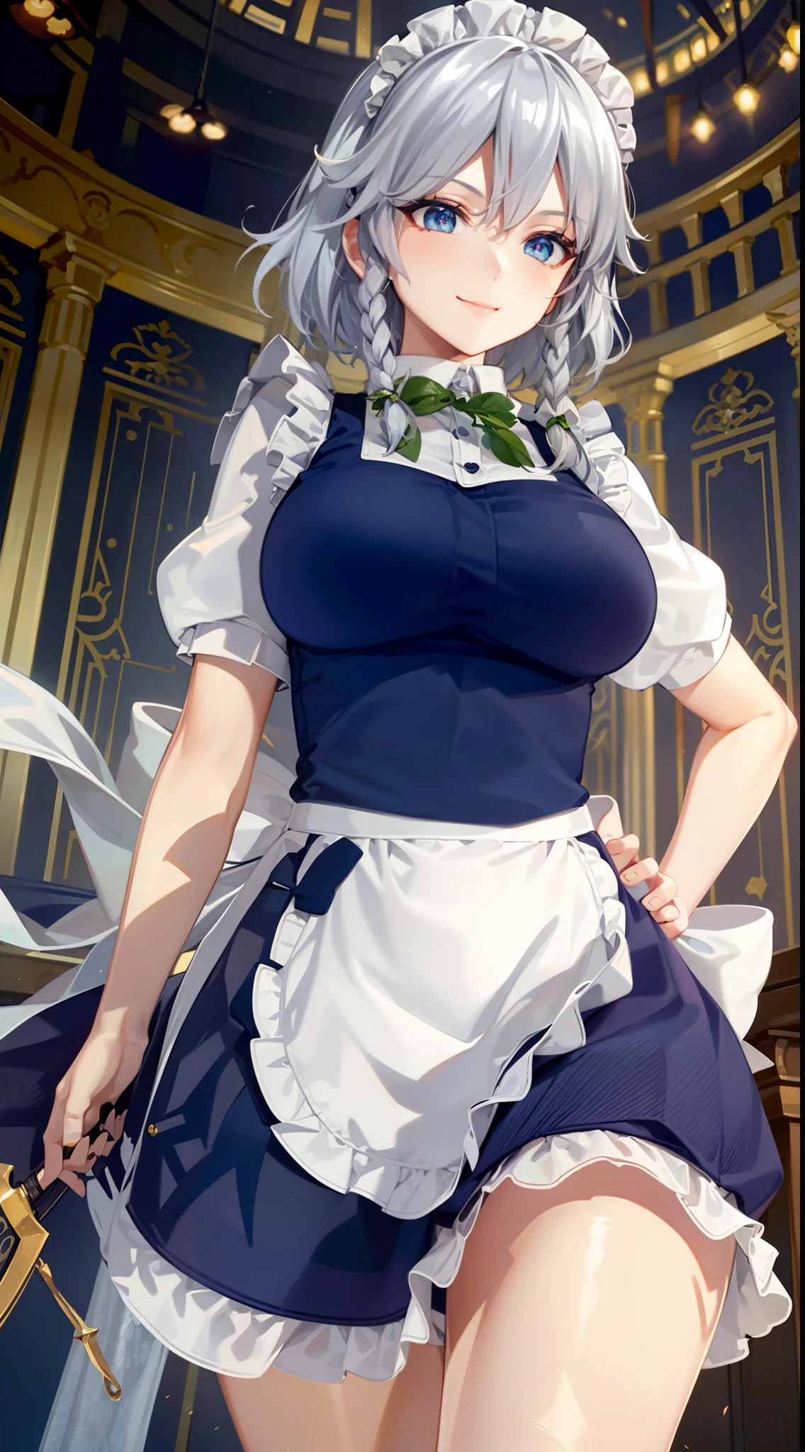 (Unity 16K Wallpaper, masutepiece, Best Quality, Ultra-detailed, extremely details CG, Cinematic lighting, Detailed, Beautiful detailed eyes, Solo),超A high resolution,Fine skin,A sexy,maid, maid apronl, Maid headdress,Knives,Seductive smile,From below,dynamic pose,Floating hair, Wind, Indoors,