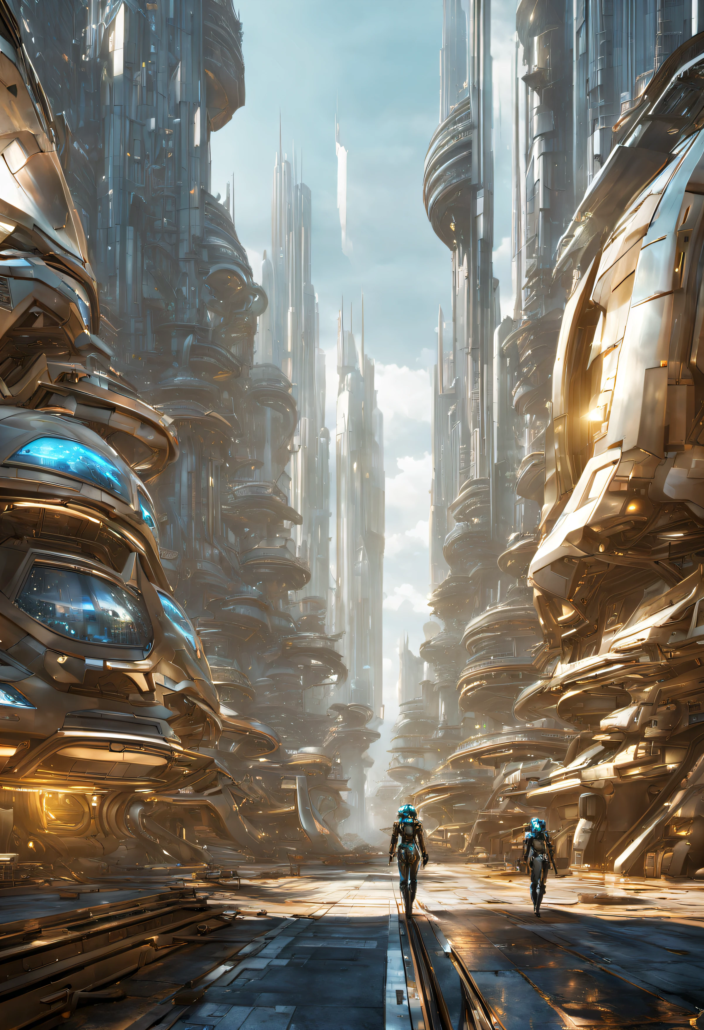 On an unknown planet there is a futuristic city with immense buildings of technological design, con estructuras acristaladas en plata, oro y bronce y maquinarias espectaculares en la que sobrevive un robot femenino espectacular. con colores vivos. pavimento brillante.