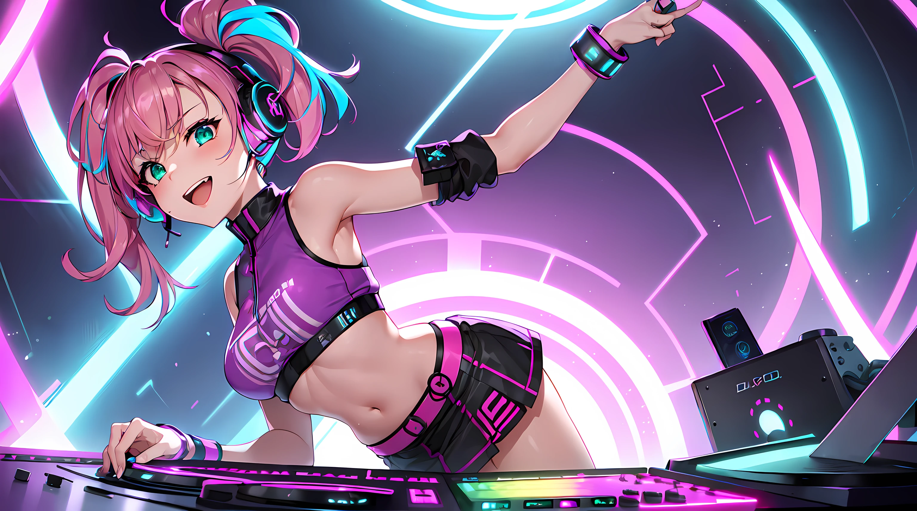 ​masterpiece, 1girl ((20year old, crop top shirt exposes navel, purple miniskirt, sneakers, medium breasts, multicolor pink hair, twin ponytails, green eyes, flirting, happy, big smile, looking forward, headphones, standing behind a DJ turntable, DJ music in a dance club, neon lighting and colorful, futuristic dance club, futuristic and exciting atmosphere)) ((solo))