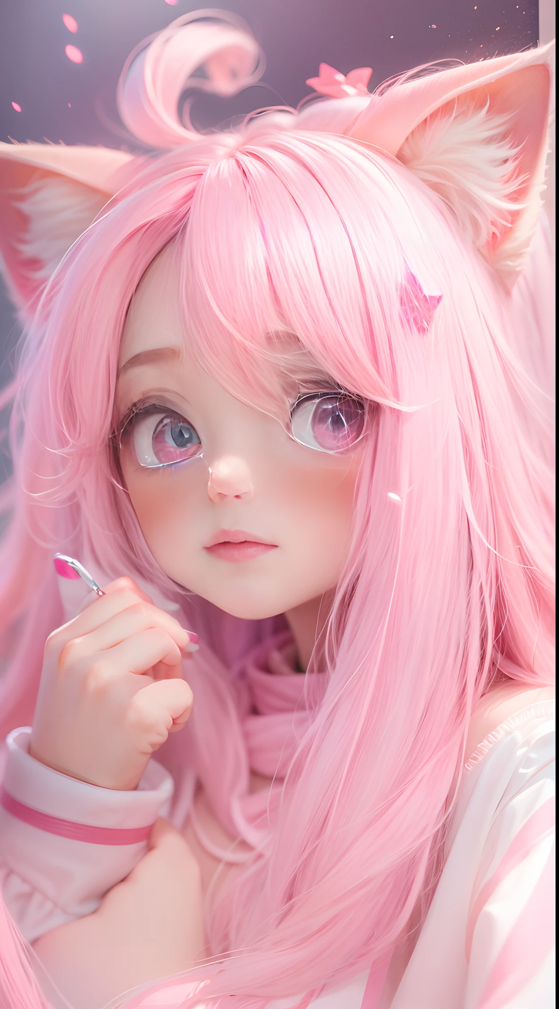 Best Quality, Masterpiece, 8k, RAW, Pink Silk young Cat Ear Girl, Cute, Shy, pink long hair, playful, soft light,  pink Clothing，Full-body portrait, (Particles:1.2), Fluffy Background