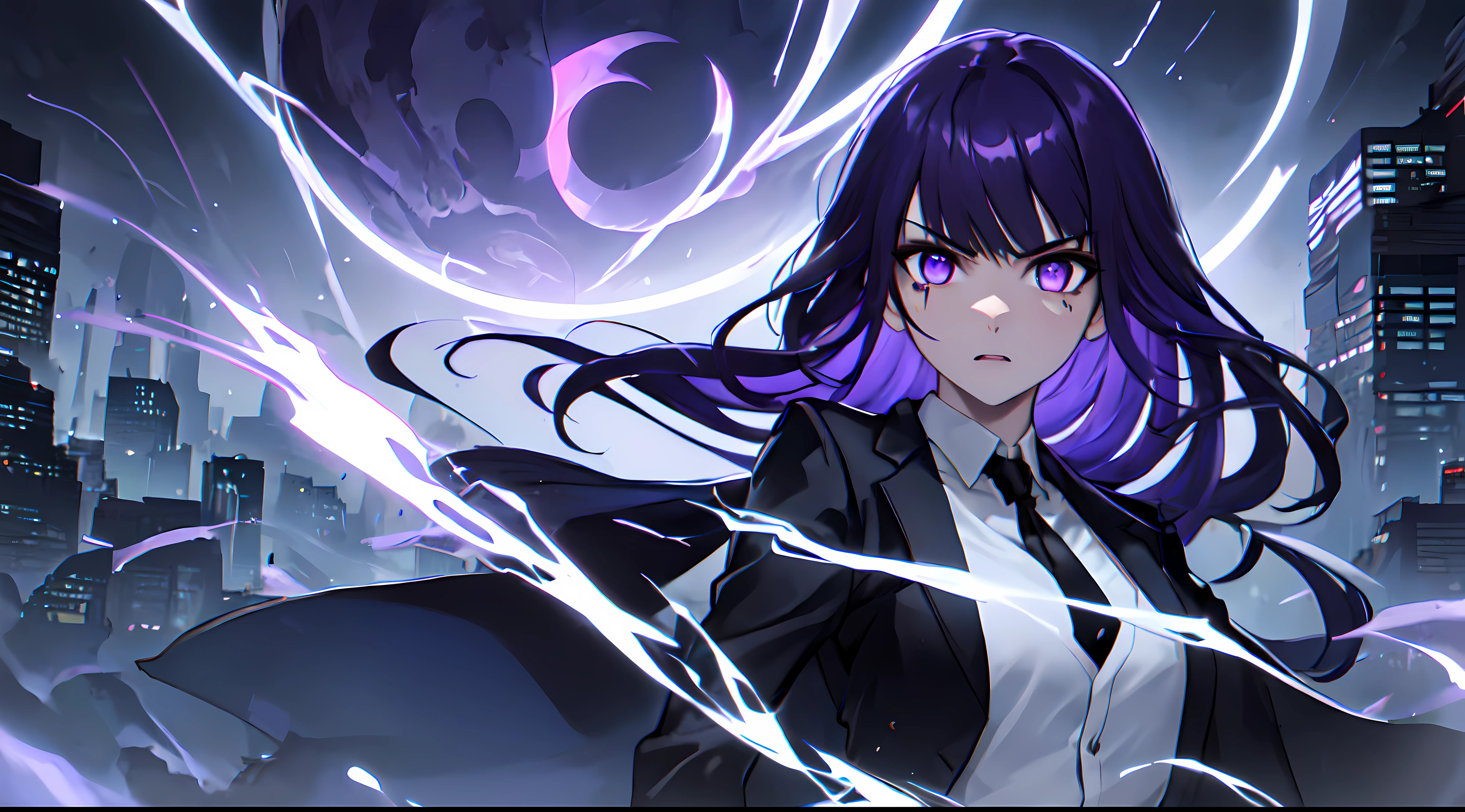 masterpiece, best quality, raiden shogun \(genshin impact\), (purple hair), medium_breast, purple_eyes, (1girl), perfect lightning, mature female, beautiful face, detailed face, detailed eyes, 8k, looking at viewer, black jacket, (white shirt), black long pants, city, pose, black tie, tie, jacket with fur, night, science fiction, dark purple strip light, future city, futuristic city, dark purple light, serious, dark purple dominance, purple moon, moon, serious face