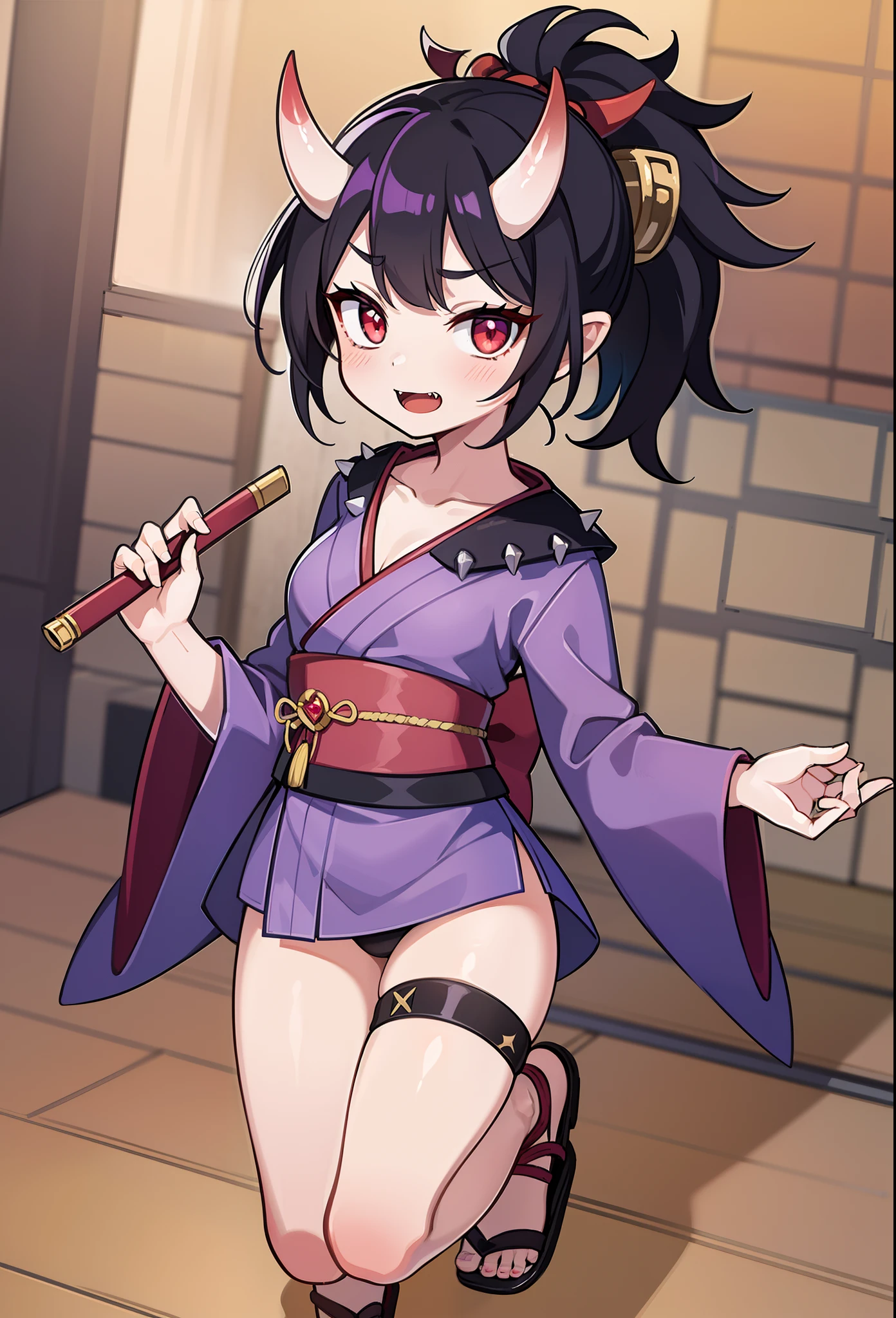 1 girl, light skin, oni horns, fangs, black hair, emo bangs, long spiky ponytail, red eyes, small breasts, purple short kimono, open kimono, black shouten doji underwear, shouten doji gloves, shouten doji sandals, :), very happy, detailed body, detailed face, detailed eyes, glistering body, shiny body, full body, japanese town, clear sky, holding a magic purple fire katana, katana stance,