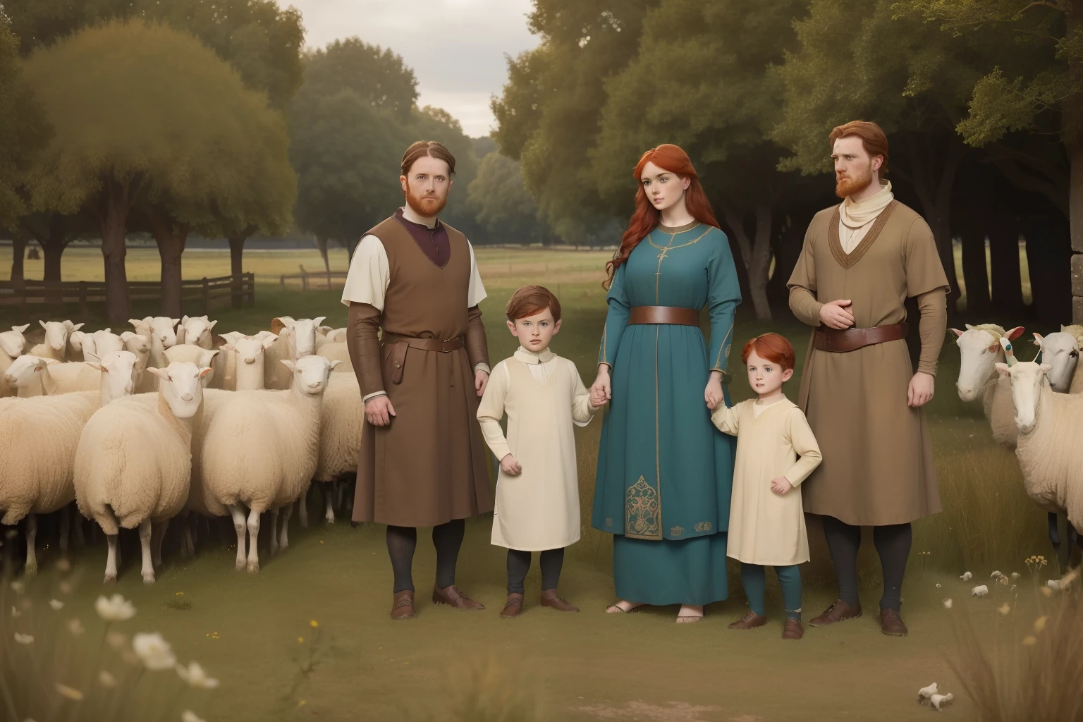 Year: 11th century. Location: Kilmarnock, Scotland. Pre-raphaelite scene with a 32-year-old english man, physician, with redhead wife and ((two sons)), ((8 and 7-year-old boys)), in a field full of sheep ((((11th century plain tunic)))) ((11th century hairstyle)), (((cinematic style)))