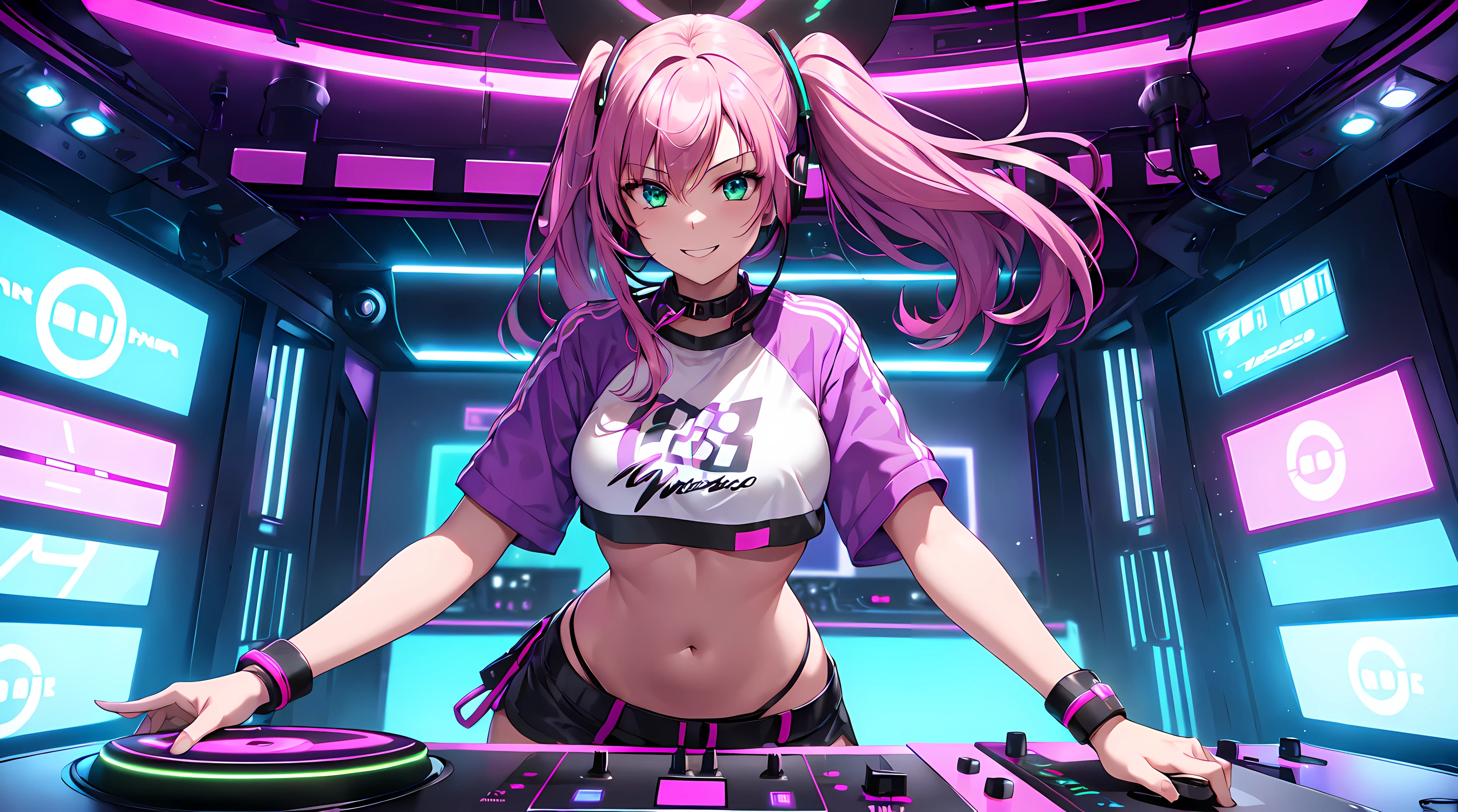 ​masterpiece, 1girl ((20year old, crop top shirt exposes navel, purple miniskirt, sneakers, medium breasts, multicolor pink hair, twin ponytails, green eyes, flirting, happy, big smile, looking forward, headphones, standing behind a DJ turntable, DJ music in a dance club, neon lighting and colorful, futuristic dance club, futuristic and exciting atmosphere)) ((solo))