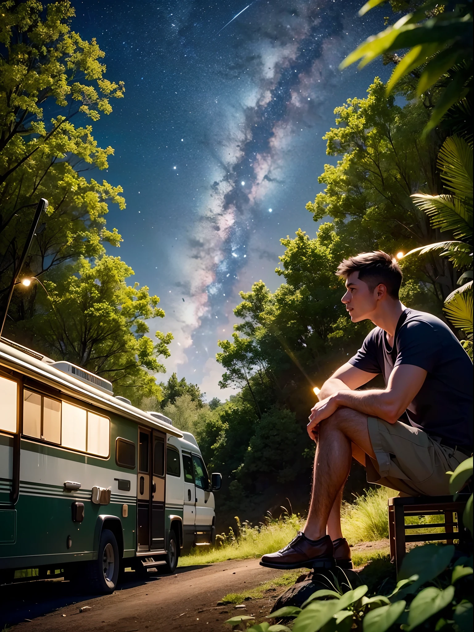 There was a man in Jungle sit around the bornfire, night sky, camping, RV Motor Bus parked in background, dark night sky, rich light effects, realistic, fireflies, best quality graphics, 24K UHD