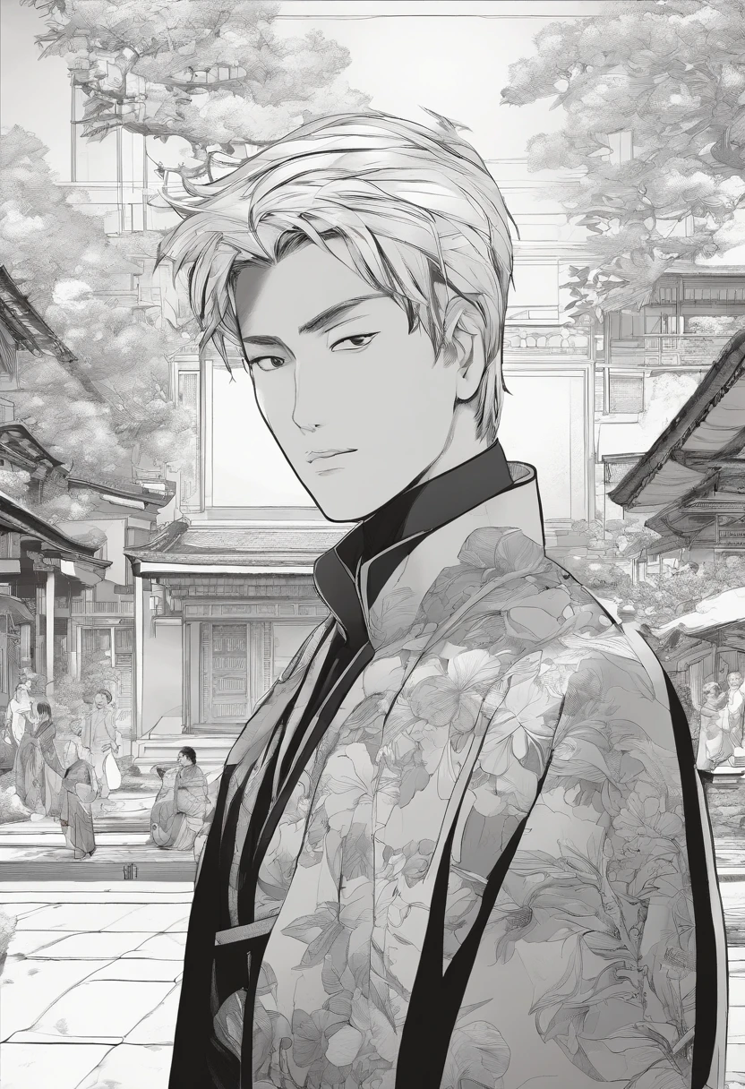 (Manga, comic, black and white, scenery, panels), (best quality, masterpiece), 1sumarai, dappled sunlight, indoors, kimono, hair tied , shy, 1 sumarai, man , (goosebumps:0.7), manly face, (small scars, tied hair :0.9), 4k, 8k, uhd, hdr, detailed background, background
