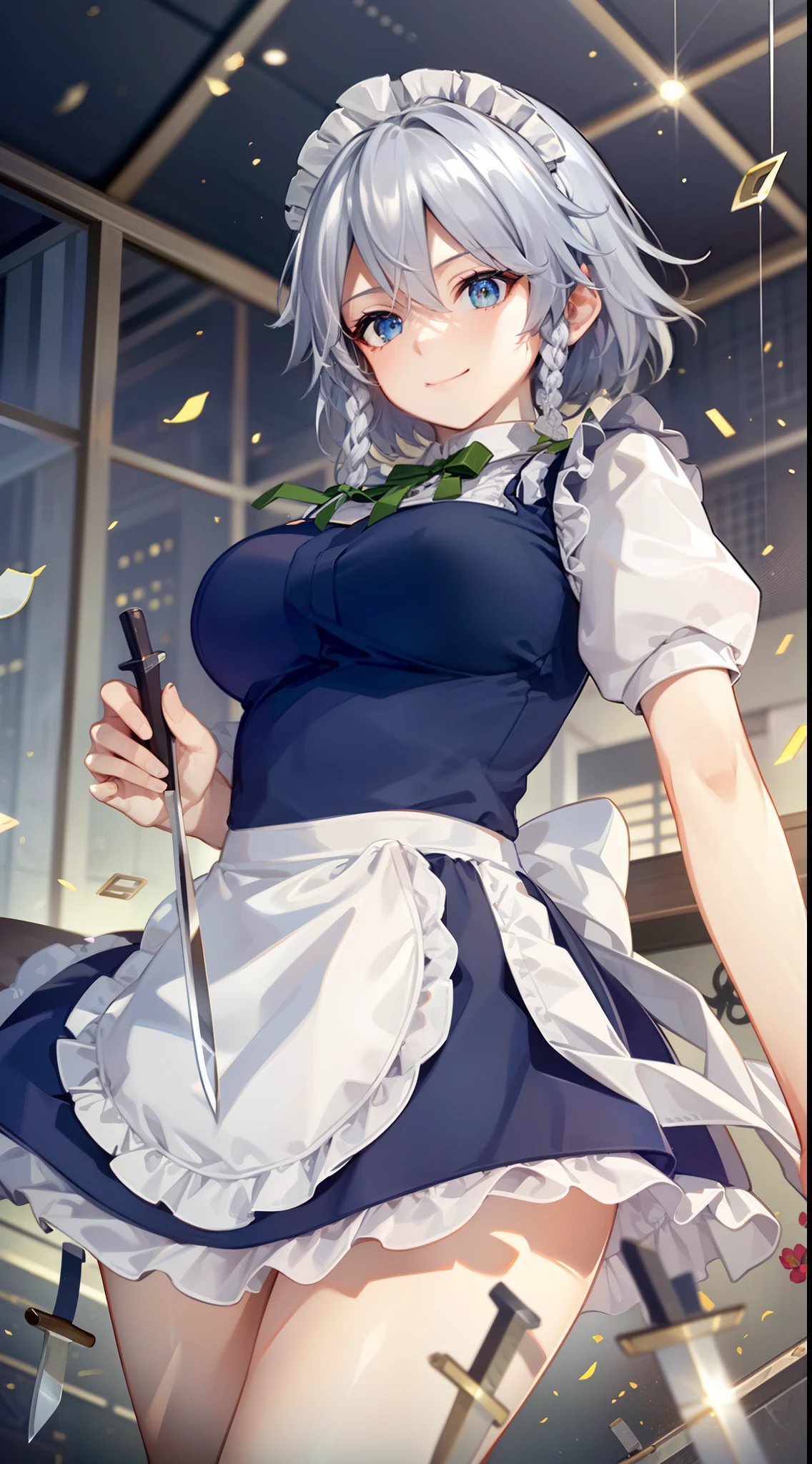 (Unity 16K Wallpaper, masutepiece, Best Quality, Ultra-detailed, extremely details CG, Cinematic lighting, Detailed, Beautiful detailed eyes, Solo),超A high resolution,Fine skin,A sexy,maid, maid apronl, Maid headdress,Knives,teasing smile,From below,Throwing knives,Floating hair, Wind, Indoors,