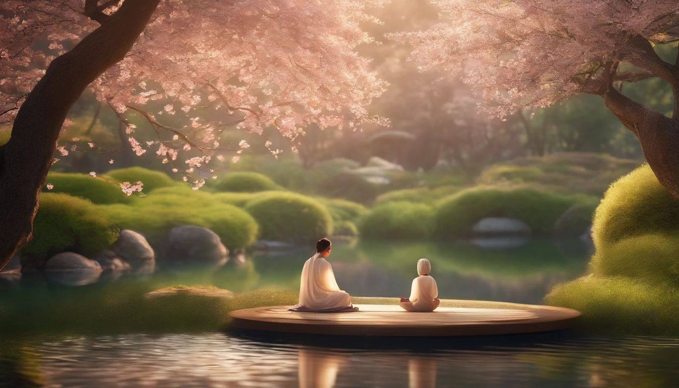 (best quality,4k,highres,masterpiece:1.2),ultra-detailed,(realistic,photorealistic,photo-realistic:1.37),a person meditating in a zen garden,peaceful and serene atmosphere,beautifully landscaped garden with lush greenery,golden sunlight filtering through the trees,natural elements such as rocks and water features,tranquil pond with colorful koi fish,surrounded by blooming cherry blossom trees,gently floating petals in the air,soft sound of wind chimes in the background,harmony between nature and human spirit,calm expression on the person's face,deep meditation posture,eyes closed and hands resting on knees,soft rays of light shining on the person's face,hint of incense lingering in the air,subtle fragrance of blooming flowers,sense of inner peace and tranquility,inviting and relaxing atmosphere that promotes spiritual well-being,zen minimalistic art style,subtle color palette with shades of green and pink,overall warm and soothing ambiance,gentle and natural lighting creating peaceful shadows.