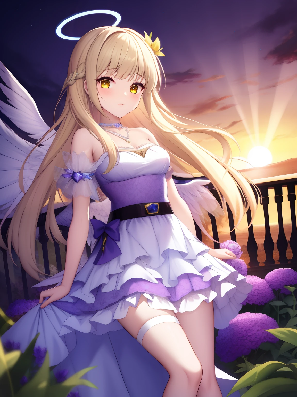 Anime game Arcane Garden's of the Great White Empire - Girl, pale yellow hair, long hair, bright yellow eyes, purple eyeliner, light white dress, yellow diamond pattern on the dress, yellow pattern on the dress, sad, looking at the viewer, purple necklace, lace belt on the leg, purple ribbon in the hair , yellow crystal wings, hexagonal crystals, abandoned palace balcony, crystal plants, sunset rays, halo