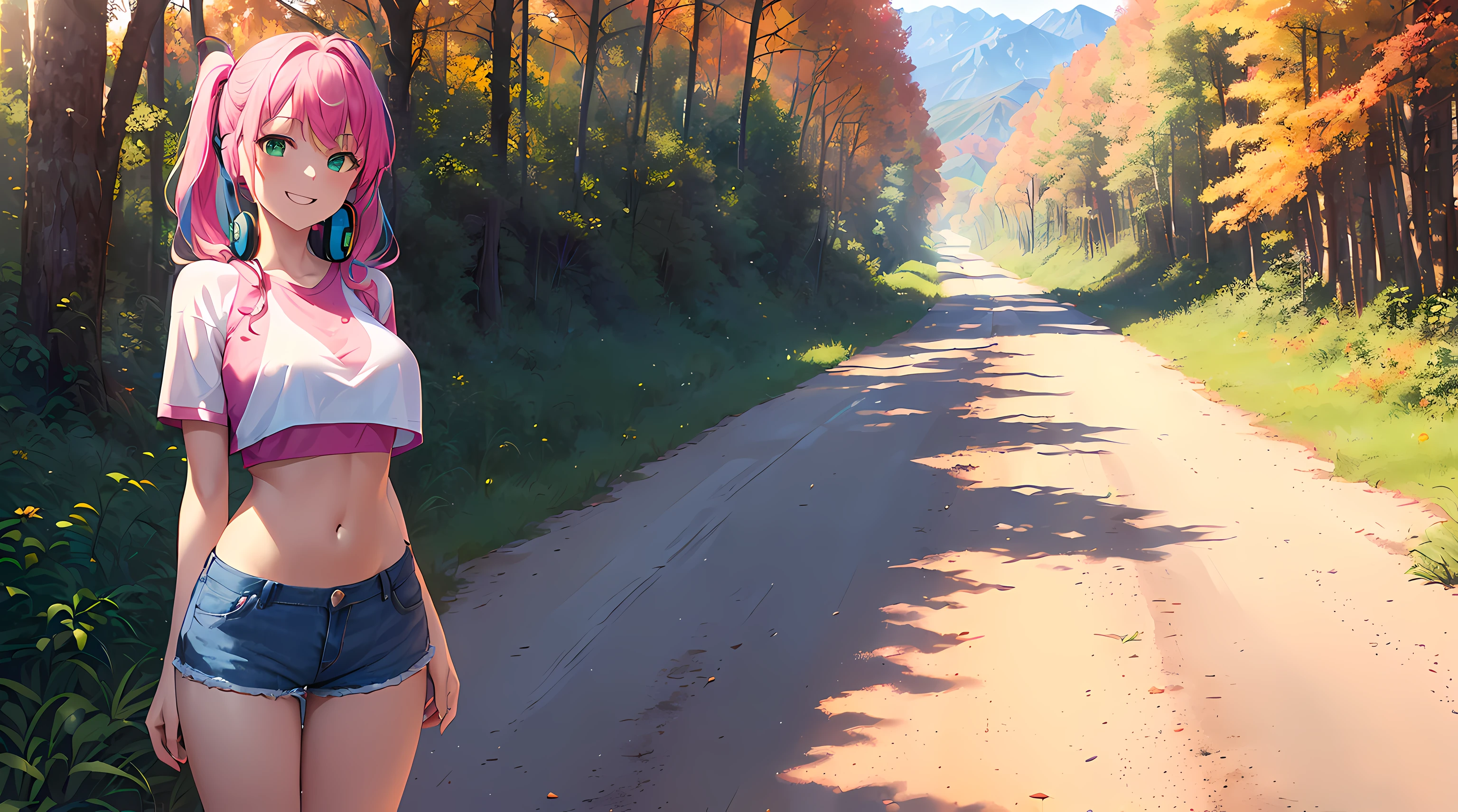 masterpiece, 1girl ((20year old, crop top shirt exposes navel, blue Jean shorts, sneakers, medium breasts, multicolor pink hair, twin ponytails, green eyes, flirting, happy, big smile, looking forward, headphones, standing on a dirt road with mountains and trees in the background, fall season, natural and relaxing atmosphere)) ((solo))