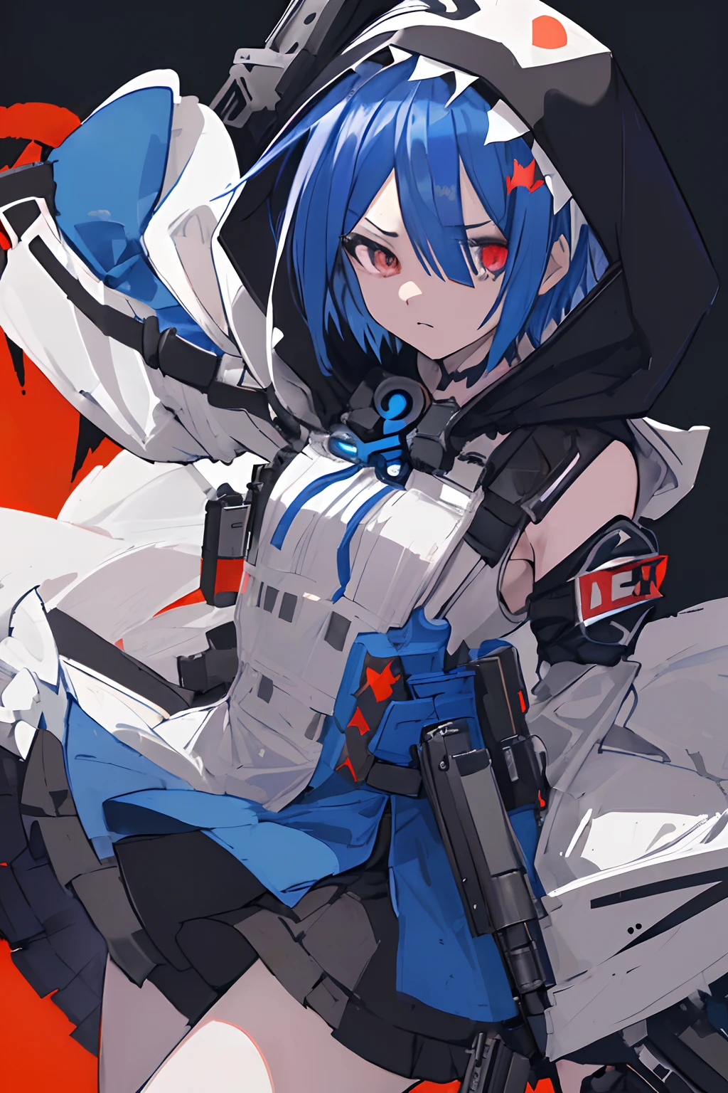 ((((Dramatic)))、(((gritty)))、(((vehement))She stands confidently.、、I have a determined look on my face。The background is dark and rough、Makes you feel danger and strength。The color palette is predominantly dark、There are splashes of bright colors、
Blue-haired,Rezero、Maids、Remu、Hide one eye with hair、Wearing a hood。、(Apex:1.4)、Has a machine gun。