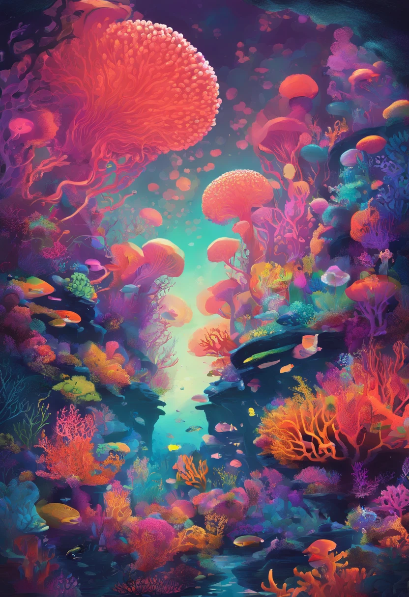 Colorful coral reefs，Underwater kingdom，Glowing underwater plants，Yayoi Kusama，dreamy，Dreamlike scenery